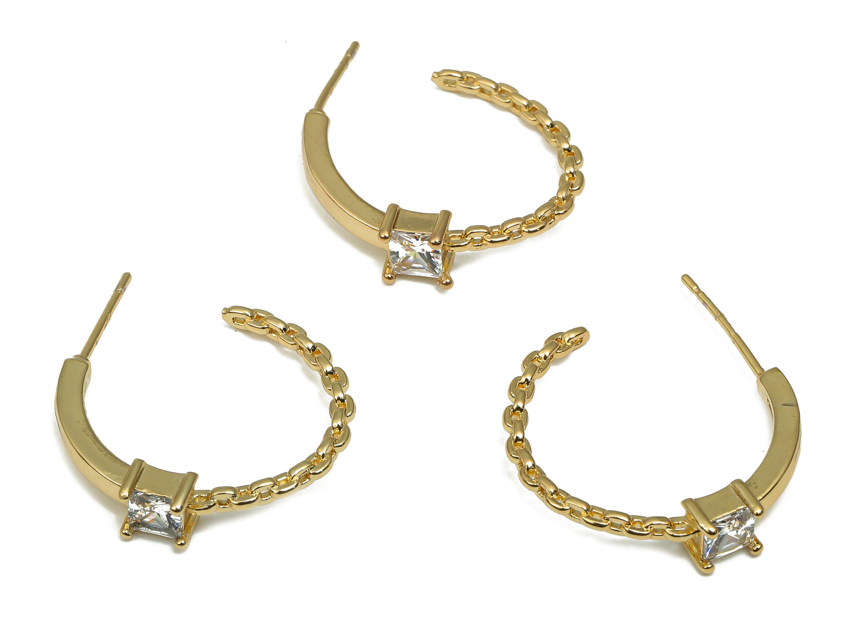 Gold Solitaire Hoop Earring - Brass Open Hoop Earring With Zircon - 18K Real Gold Plated Brass Stud - Cable Chain - 21.6x19.6x4.9mm- RGP4551 - DOMEDBAZAAR