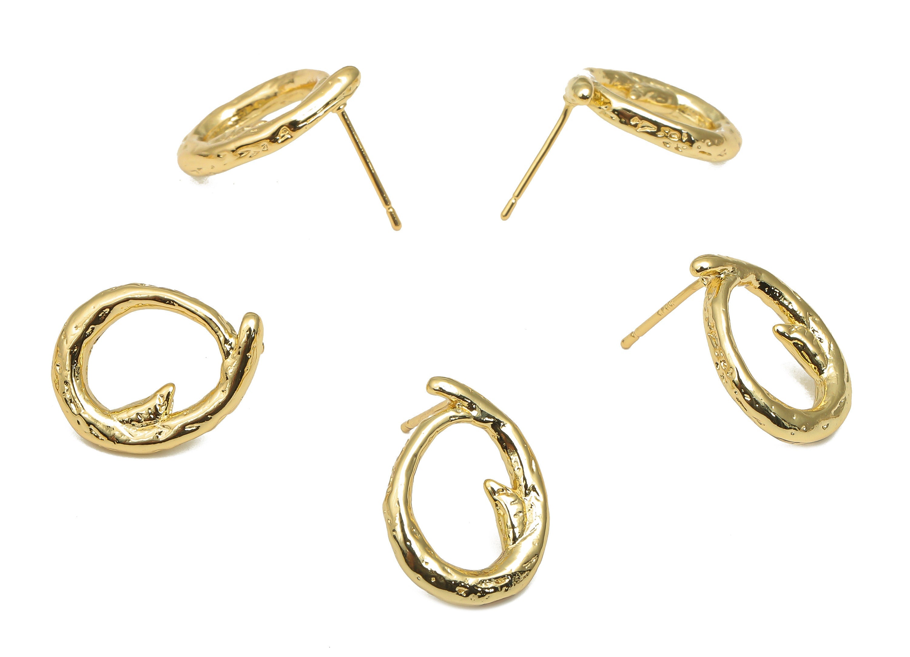 Brass Earring Studs - Textured Drop Earrings - 18K Real Gold Plated Brass - Imitation Silver Stud - Earring Post - 18.3x13.4x2.6mm - RGP4552 - DOMEDBAZAAR