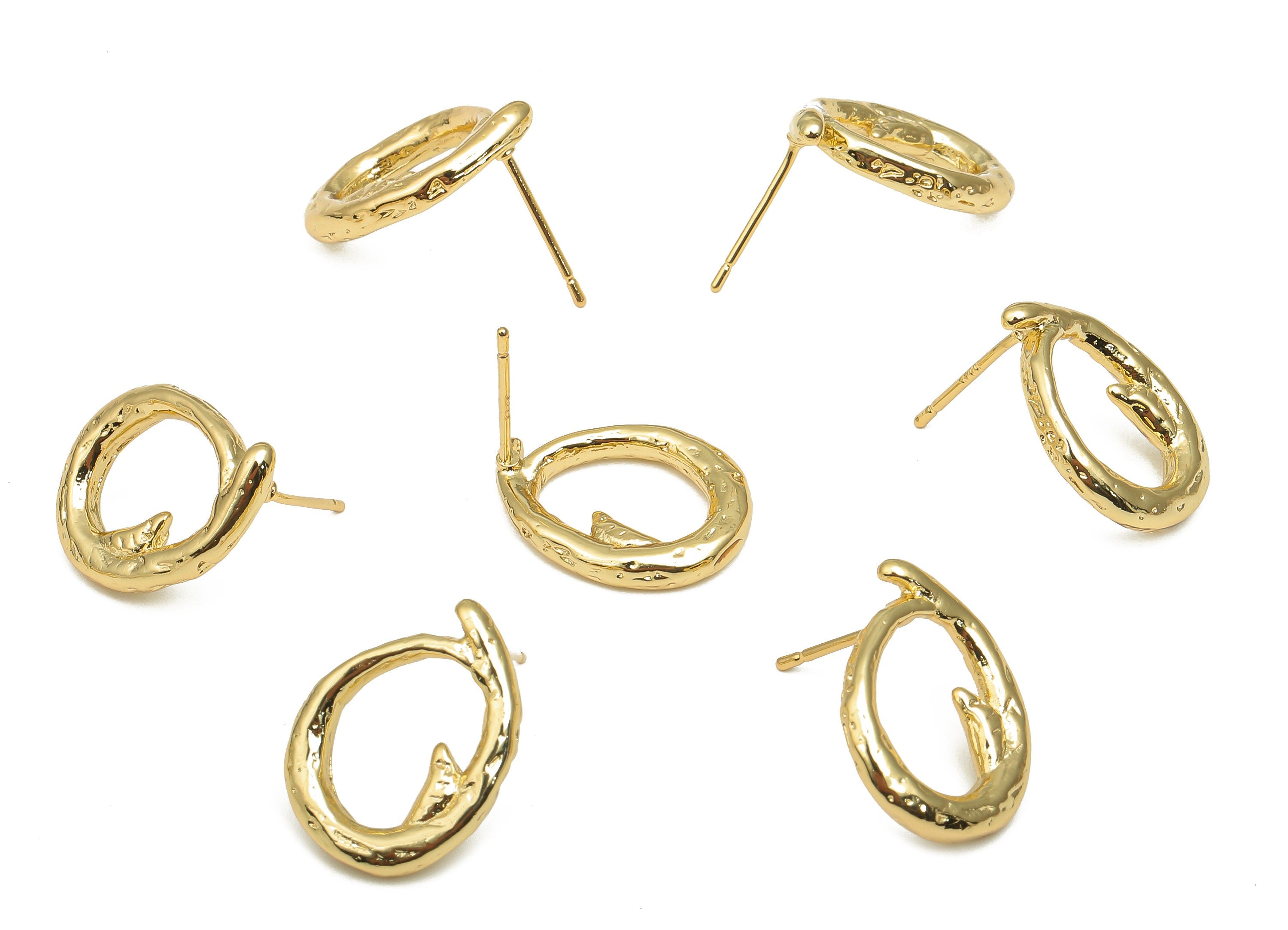 Brass Earring Studs - Textured Drop Earrings - 18K Real Gold Plated Brass - Imitation Silver Stud - Earring Post - 18.3x13.4x2.6mm - RGP4552 - DOMEDBAZAAR