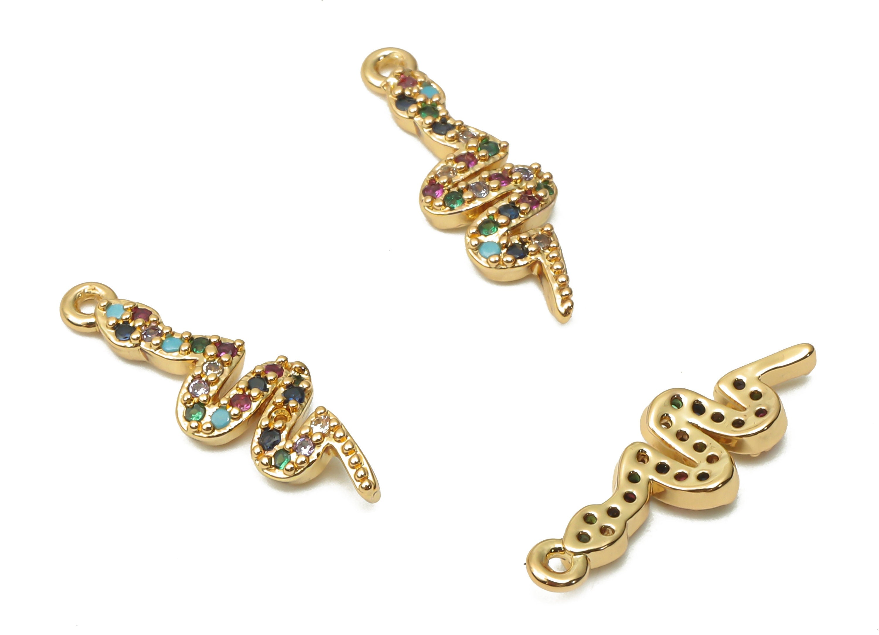 Brass Snake Earring Charms - Brass Rainbow Snake Pendant with Zircons - For Necklace- 18K Real Gold Plated - 17.9x5.6x1.66mm - RGP4927 - DOMEDBAZAAR