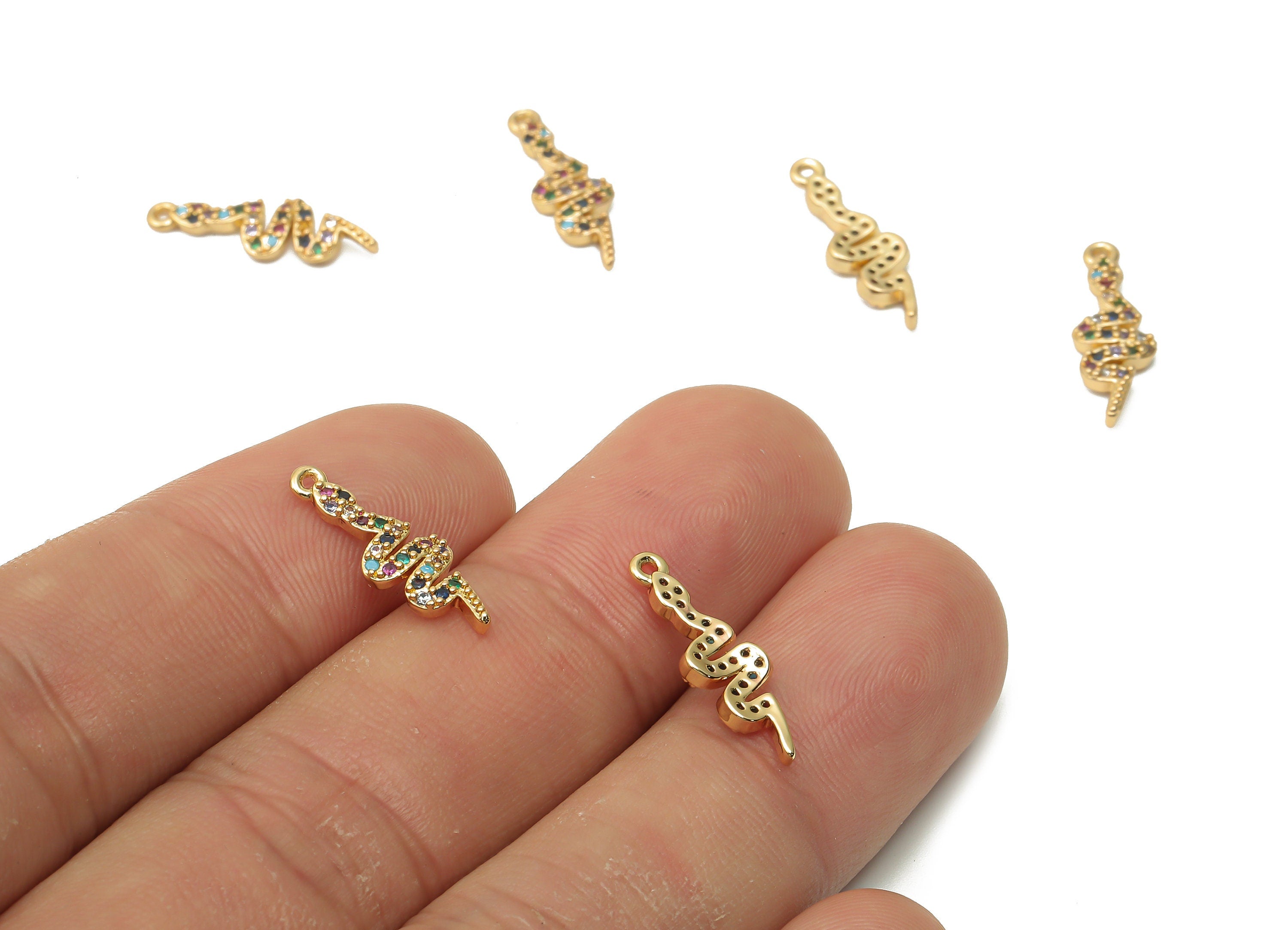 Brass Snake Earring Charms - Brass Rainbow Snake Pendant with Zircons - For Necklace- 18K Real Gold Plated - 17.9x5.6x1.66mm - RGP4927 - DOMEDBAZAAR