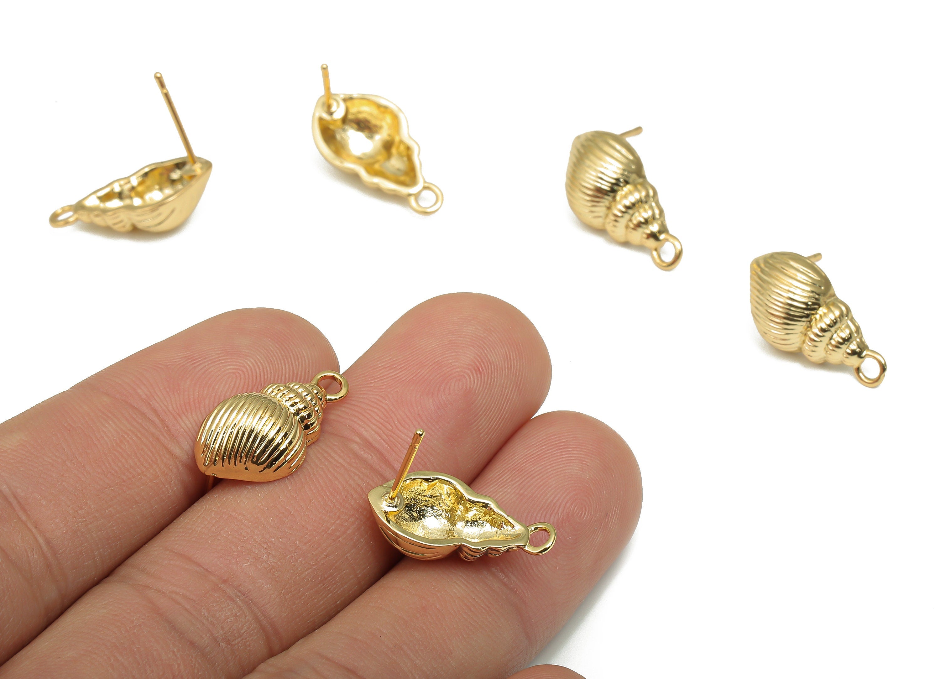 Brass Stud Earring - Brass Whelk Seashell Conch Earring - 18K Real Gold Plated Brass Post - Imitation Silver Stud - 19.4x10.1x1.4mm -RGP4554 - DOMEDBAZAAR
