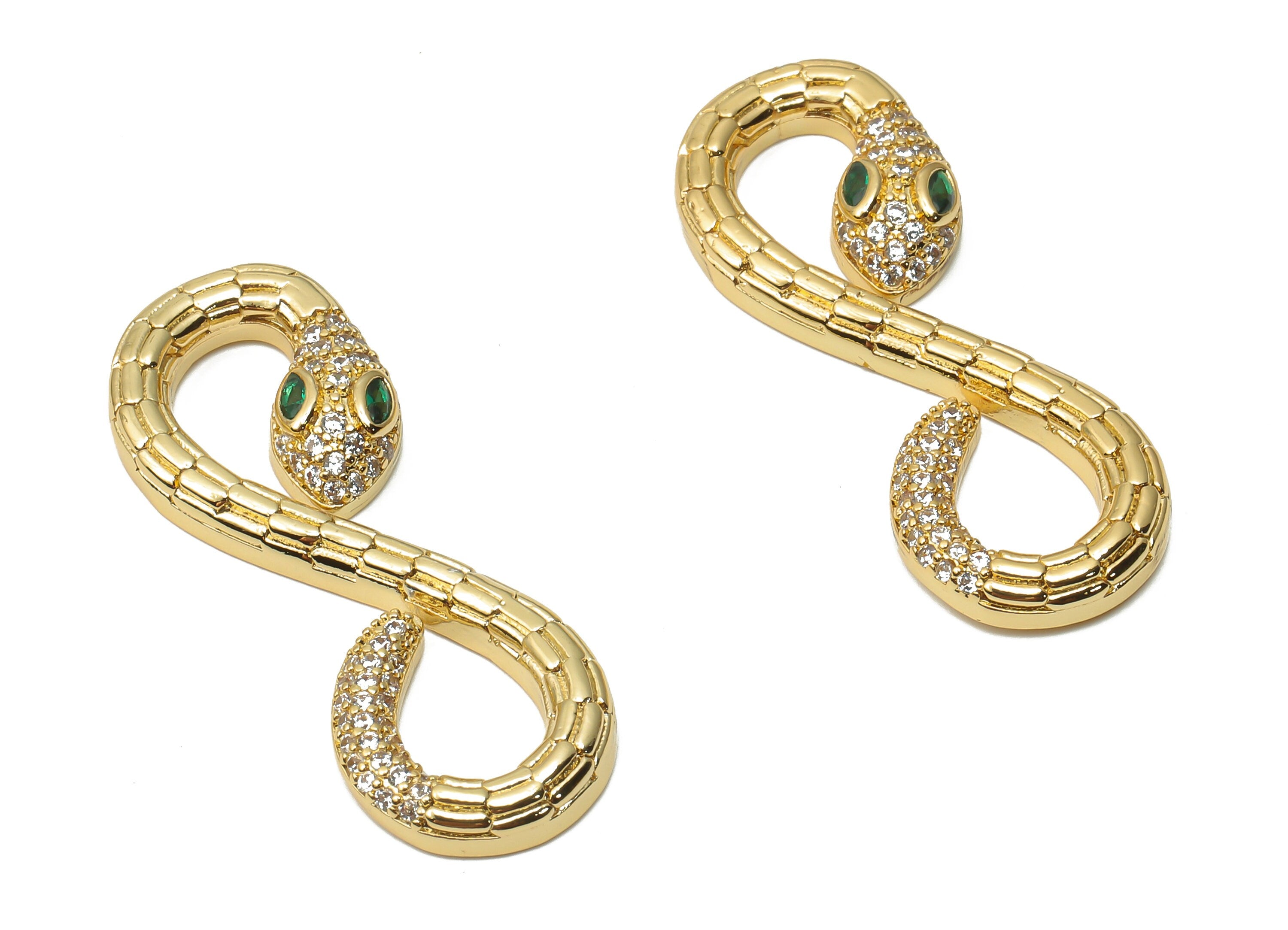 Brass Infinity Snake with Zircons - Brass Textured Green Eye Snake Earring - Snake Pendant - 18K Real Gold Plated -34x12.34x3.66mm - RGP4929 - DOMEDBAZAAR