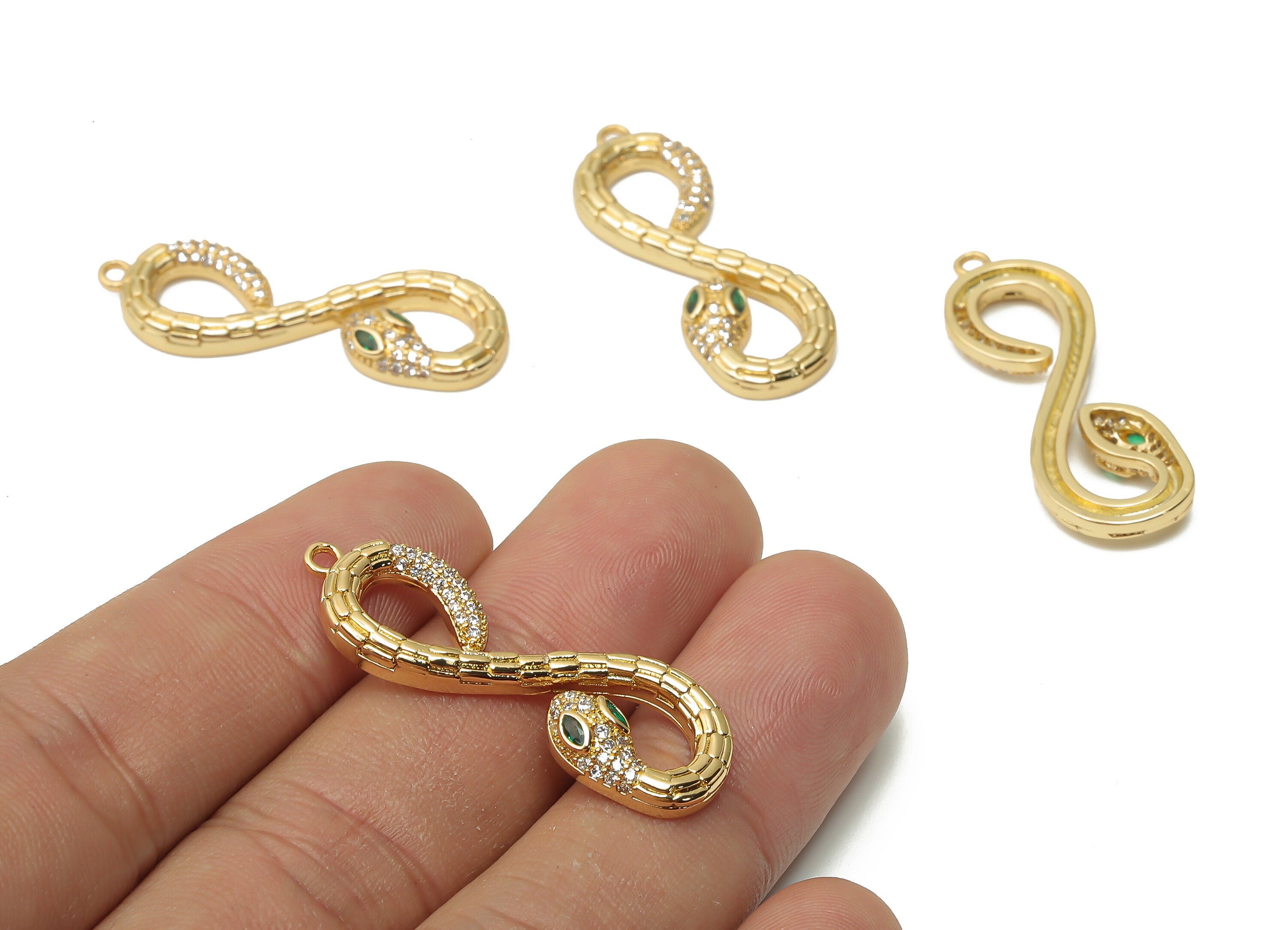 Brass Infinity Snake with Zircons - Brass Textured Green Eye Snake Earrings With Loop - 18K Real Gold Plated -36.55x12.38x2.78mm - RGP4930 - DOMEDBAZAAR