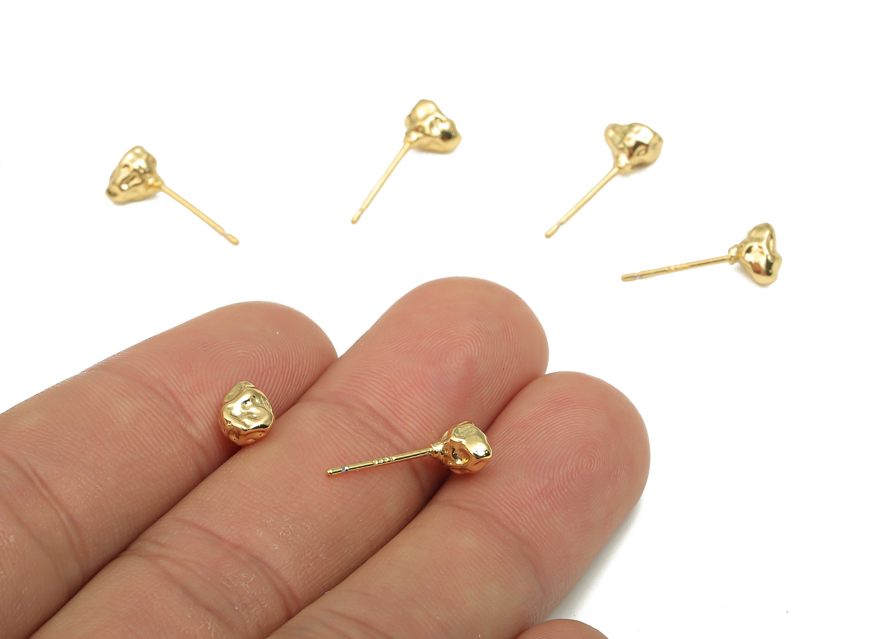 Brass Stud Earrings - Brass Nugget Rough Studs - 18K Real Gold Plated Brass - Imitation Silver Stud Ear Posts - 7x5.08x3.75mm - RGP4555 - DOMEDBAZAAR