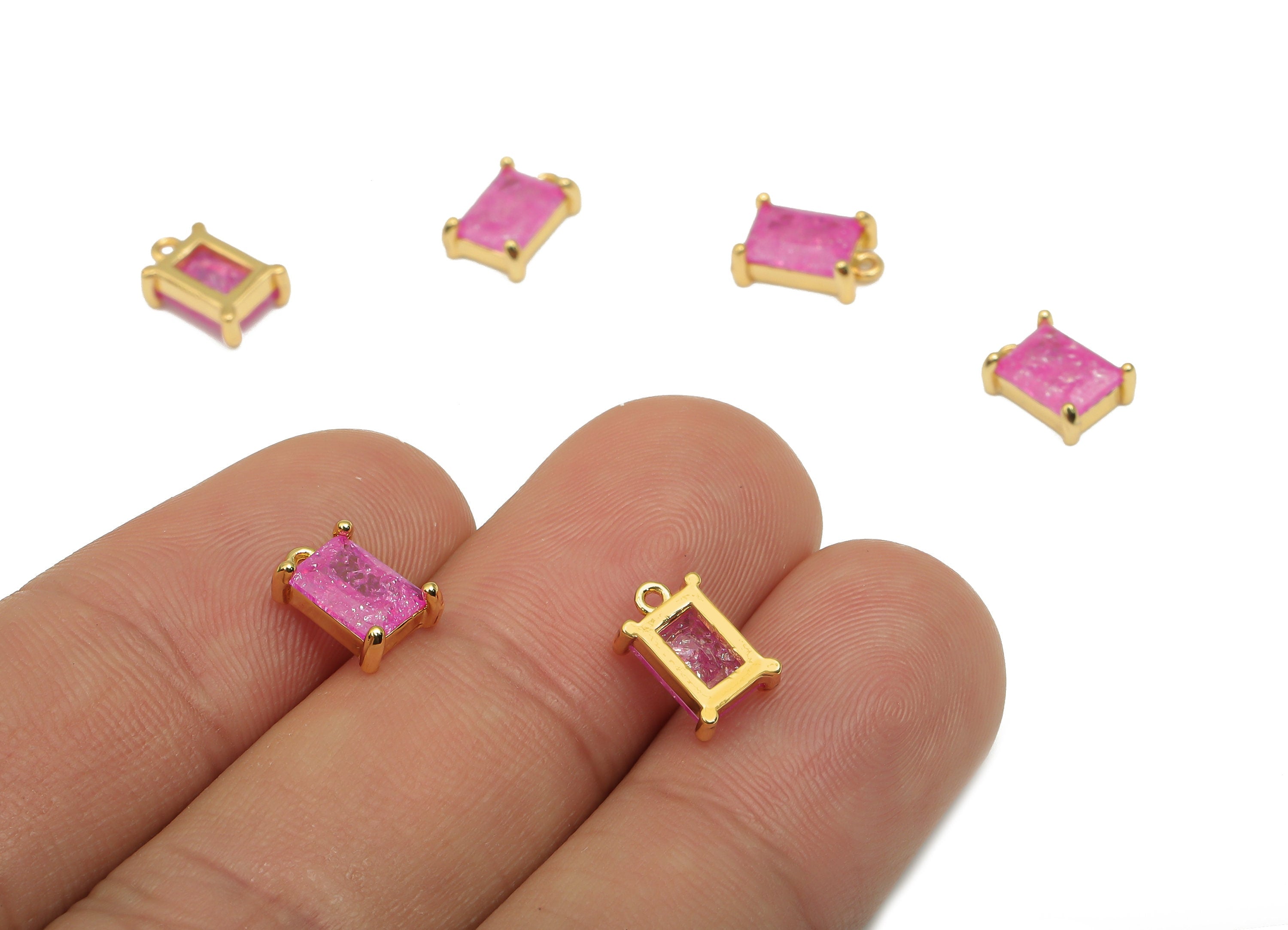Brass Earring Charms - Brass Pink Gold CZ Rectangle Pendant - 18K Real Gold Plated Brass Pendant - For Bracelet - 9.37x6.4x3.02mm - RGP4556A - DOMEDBAZAAR