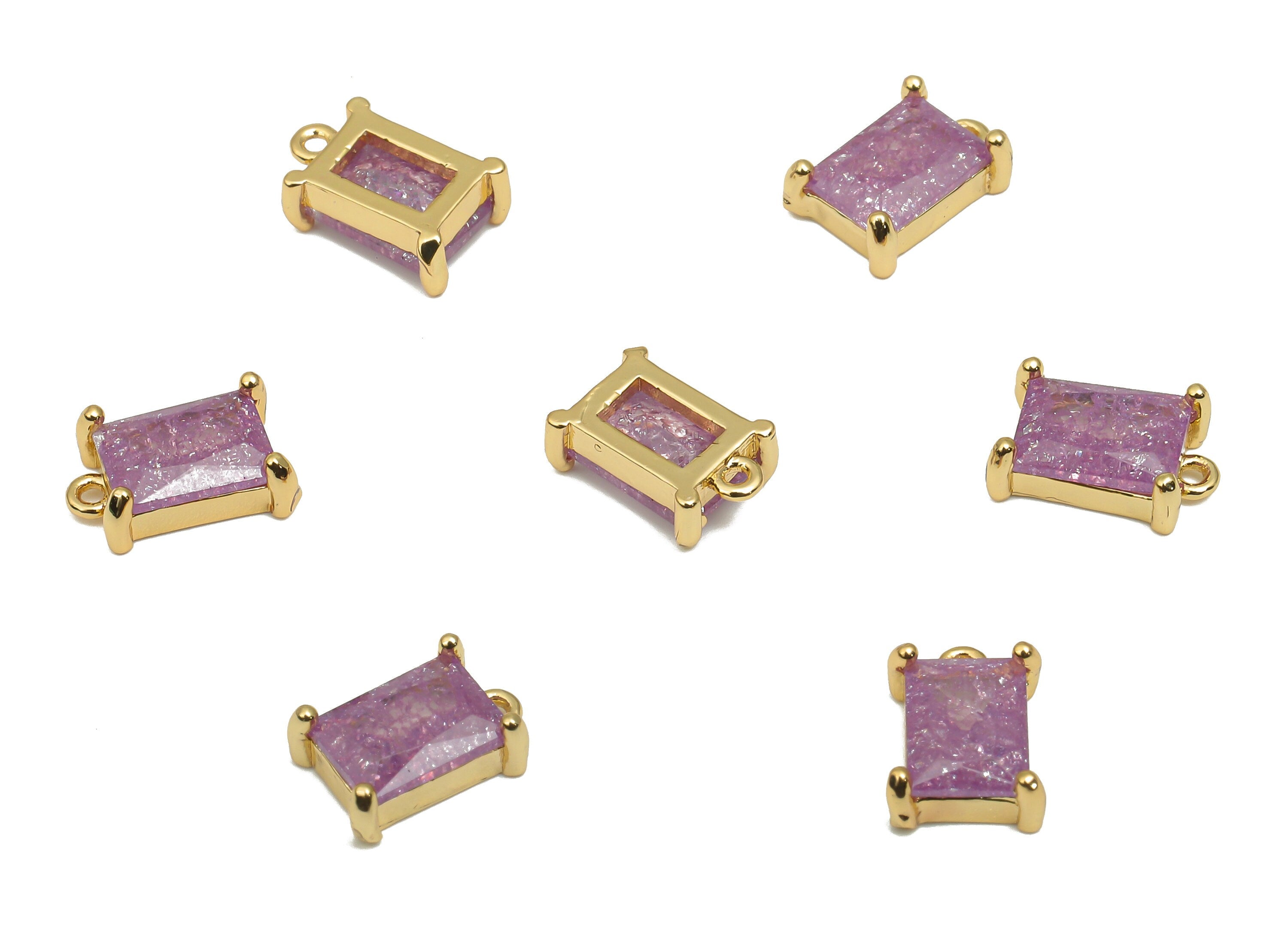 Brass Earring Charms - Brass Purple Gold CZ Rectangle Pendant - 18K Real Gold Plated Brass Pendant - For Bracelet - 9.4x6.4x3mm - RGP4556B - DOMEDBAZAAR