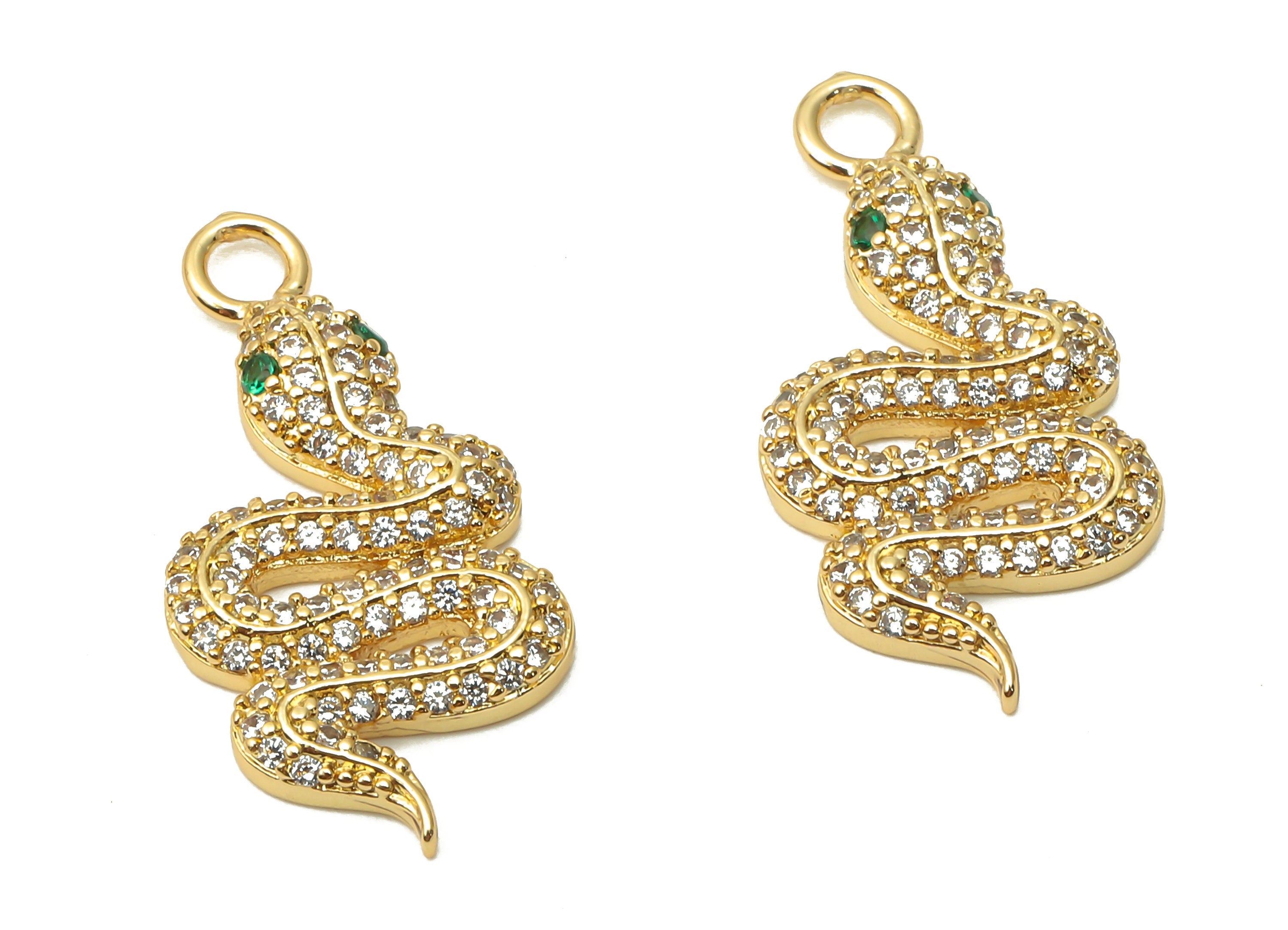 Brass Snake Earrings with Zircon - Brass Snake Pendant - Green Eye Snake For Necklace - 18K Real Gold Plated - 25.4x12.34x3.02mm - RGP4933 - DOMEDBAZAAR