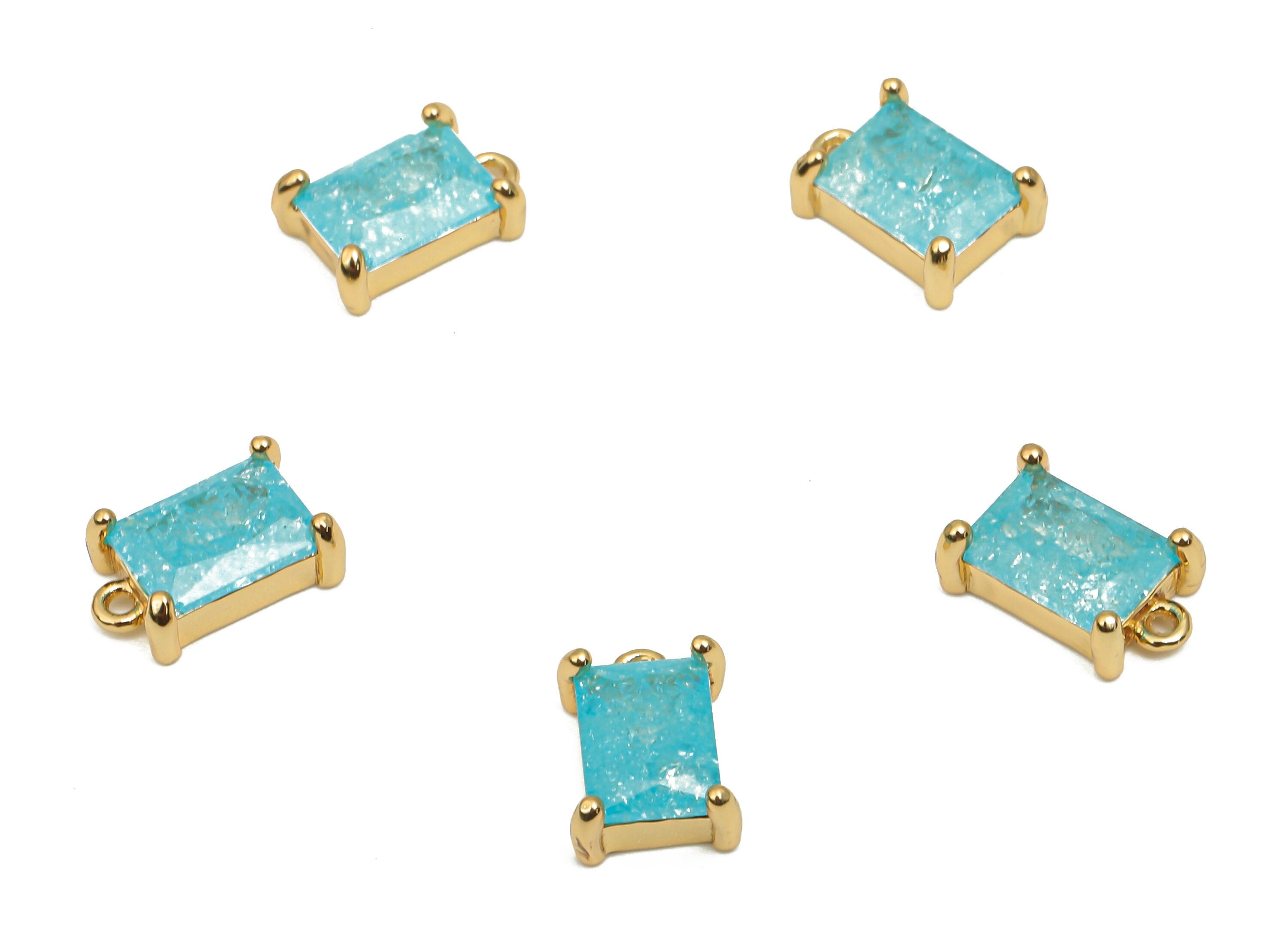 Brass Earring Charms - Brass Blue Gold CZ Rectangle Pendant - 18K Real Gold Plated Brass Pendant - For Bracelet - 9.37x6.4x3.02mm - RGP4556C - DOMEDBAZAAR