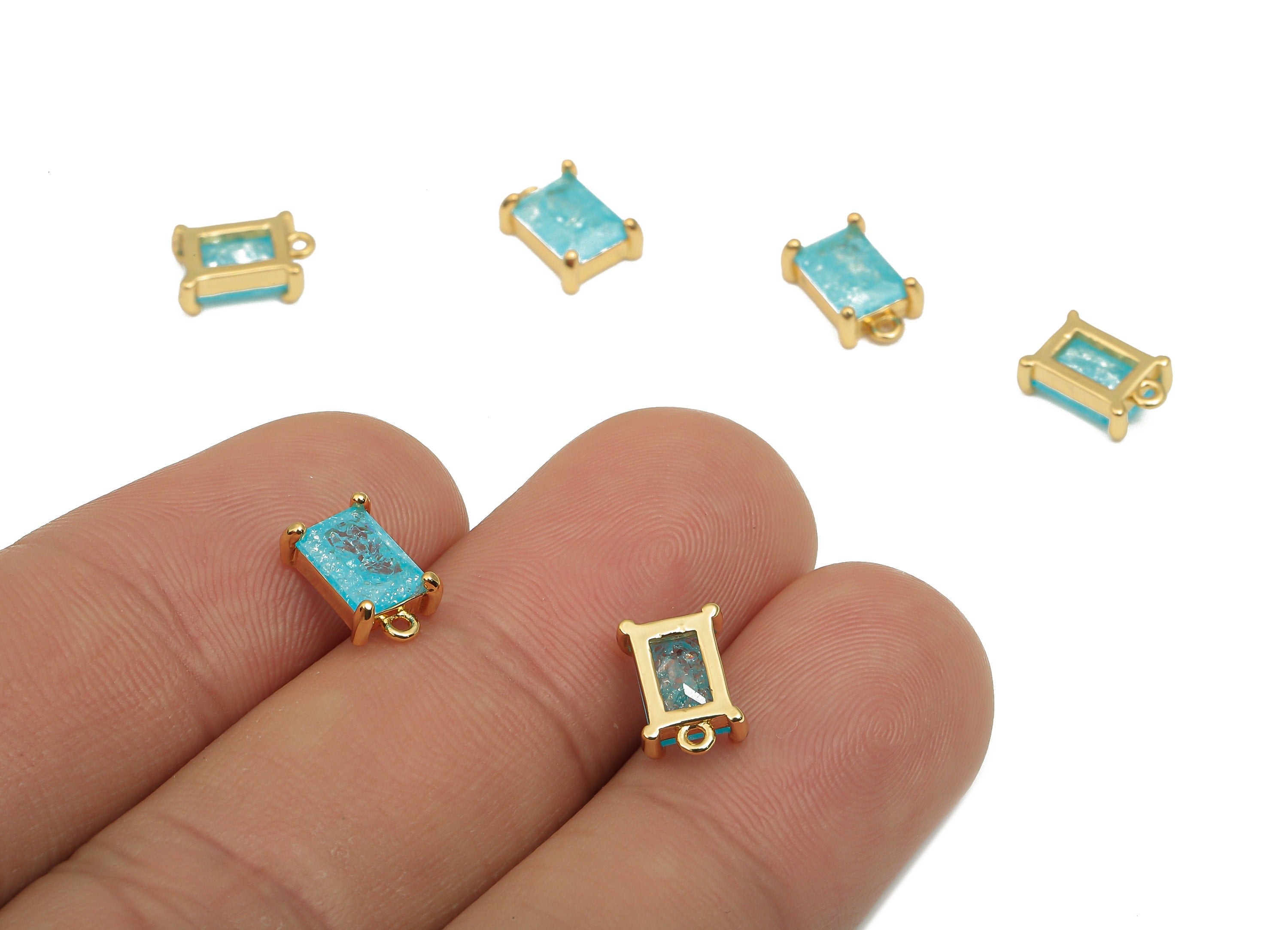 Brass Earring Charms - Brass Blue Gold CZ Rectangle Pendant - 18K Real Gold Plated Brass Pendant - For Bracelet - 9.37x6.4x3.02mm - RGP4556C - DOMEDBAZAAR