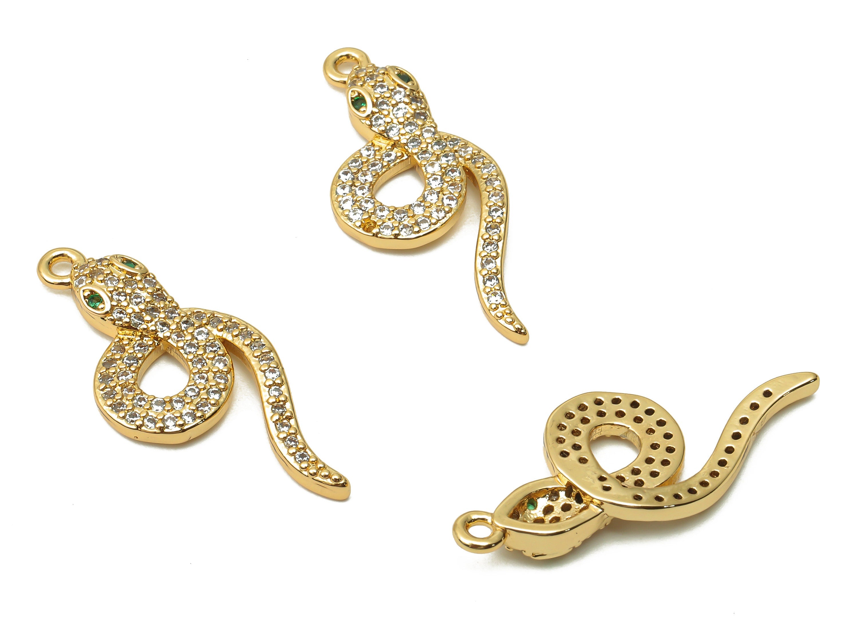 Brass Snake Earring Charms - Brass Snake Pendant with Zircons - Brass Snake For Necklace - 18K Real Gold Plated-27.42x11.4x3mm - RGP4934 - DOMEDBAZAAR