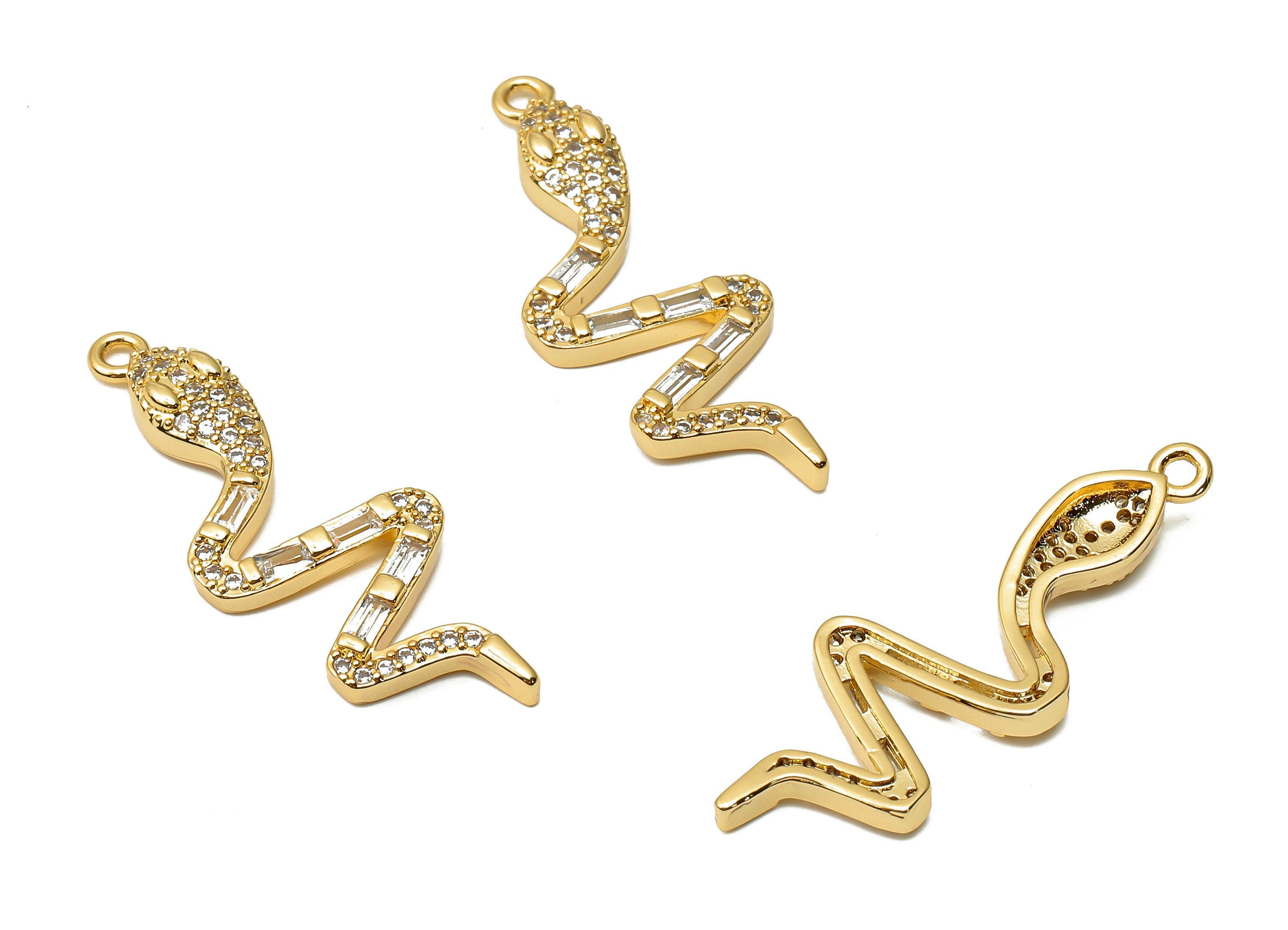 Brass Young Snake Earring with Zircons - Brass Snake Pendant - Brass Snake Necklace - 18K Real Gold Plated - 32.16x12.14x3.27mm - RGP4936 - DOMEDBAZAAR