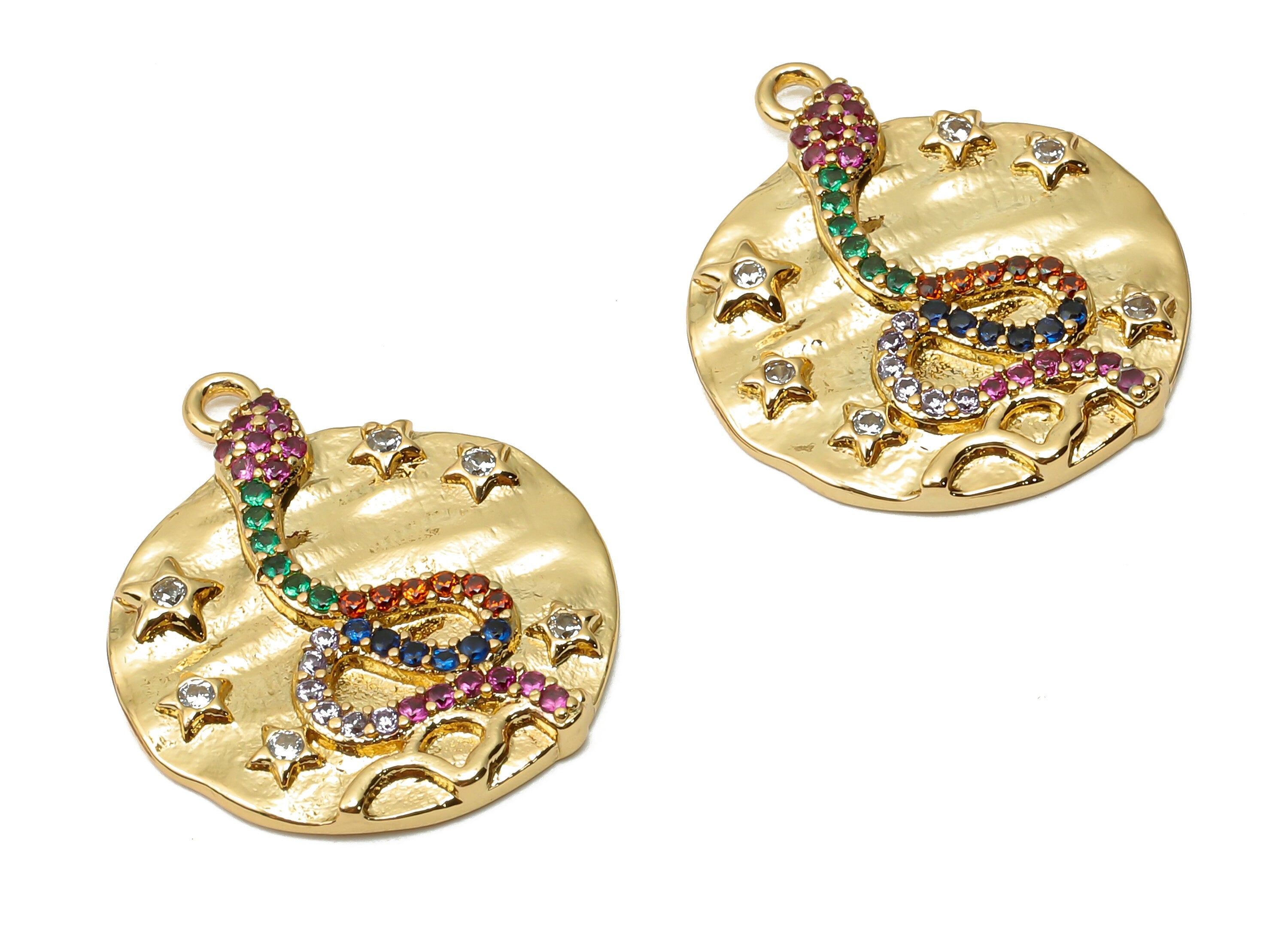 Brass Round Snake Earring Charms - Brass Rainbow Snake Pendant with Zircon - Star Necklace - 18K Real Gold Plated -21.8x18.61x2.46mm-RGP4937 - DOMEDBAZAAR