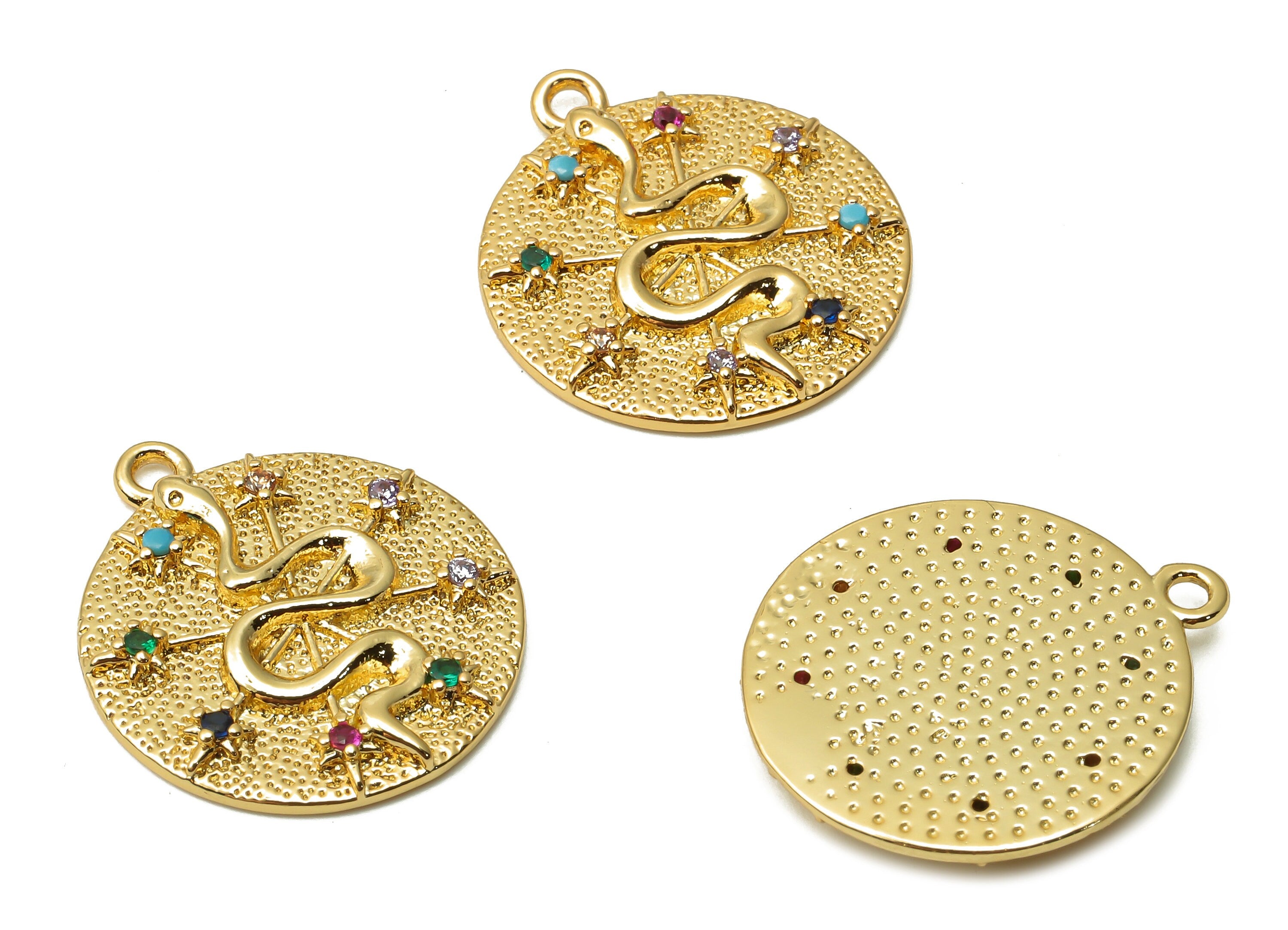 Brass Spots Hammered Snake Earring Charms - Snake Dot Pendant with Zircons - Star Necklace - 18K Real Gold Plated -20.2x17.8x2.44mm -RGP4938 - DOMEDBAZAAR