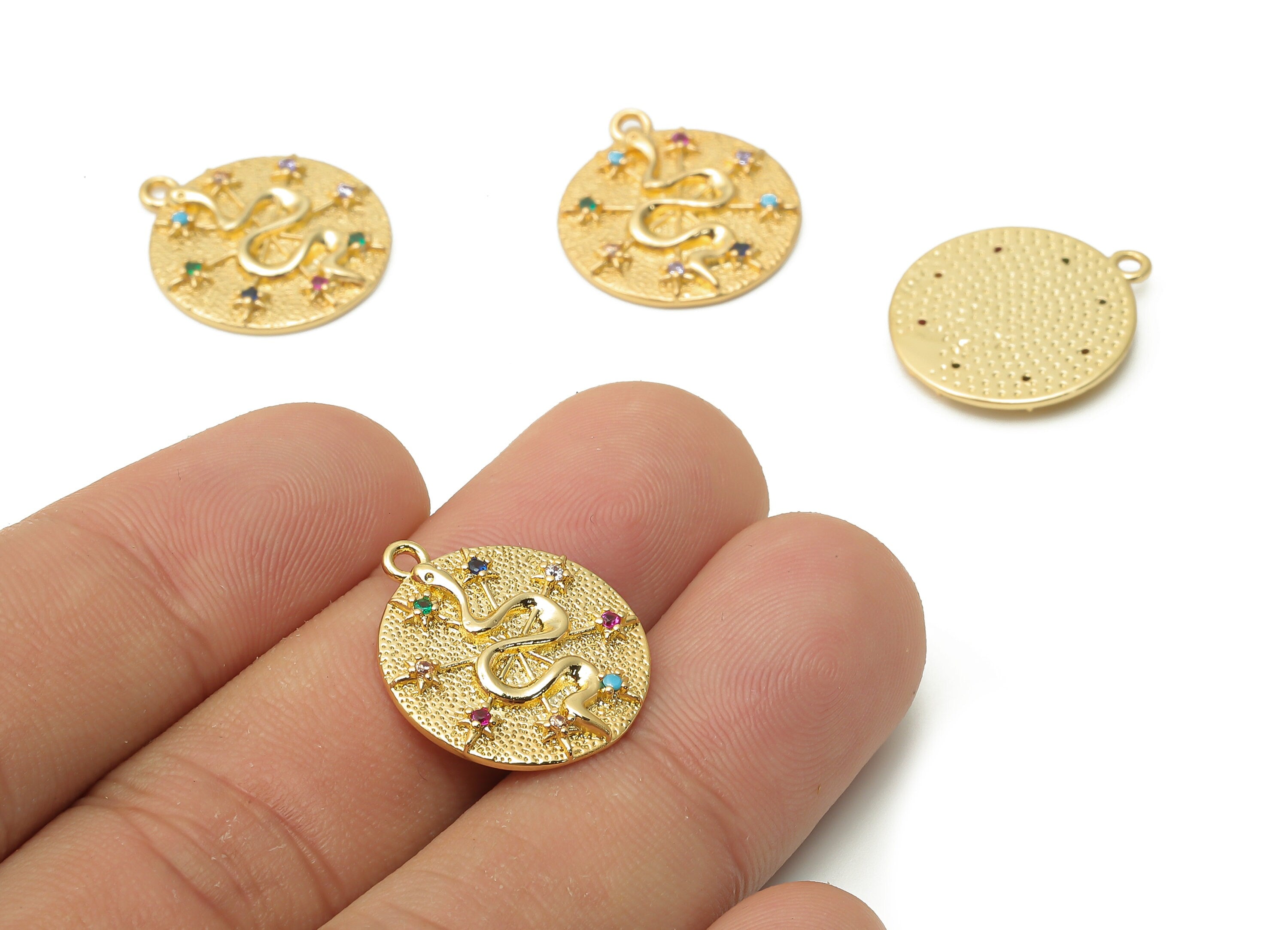 Brass Spots Hammered Snake Earring Charms - Snake Dot Pendant with Zircons - Star Necklace - 18K Real Gold Plated -20.2x17.8x2.44mm -RGP4938 - DOMEDBAZAAR