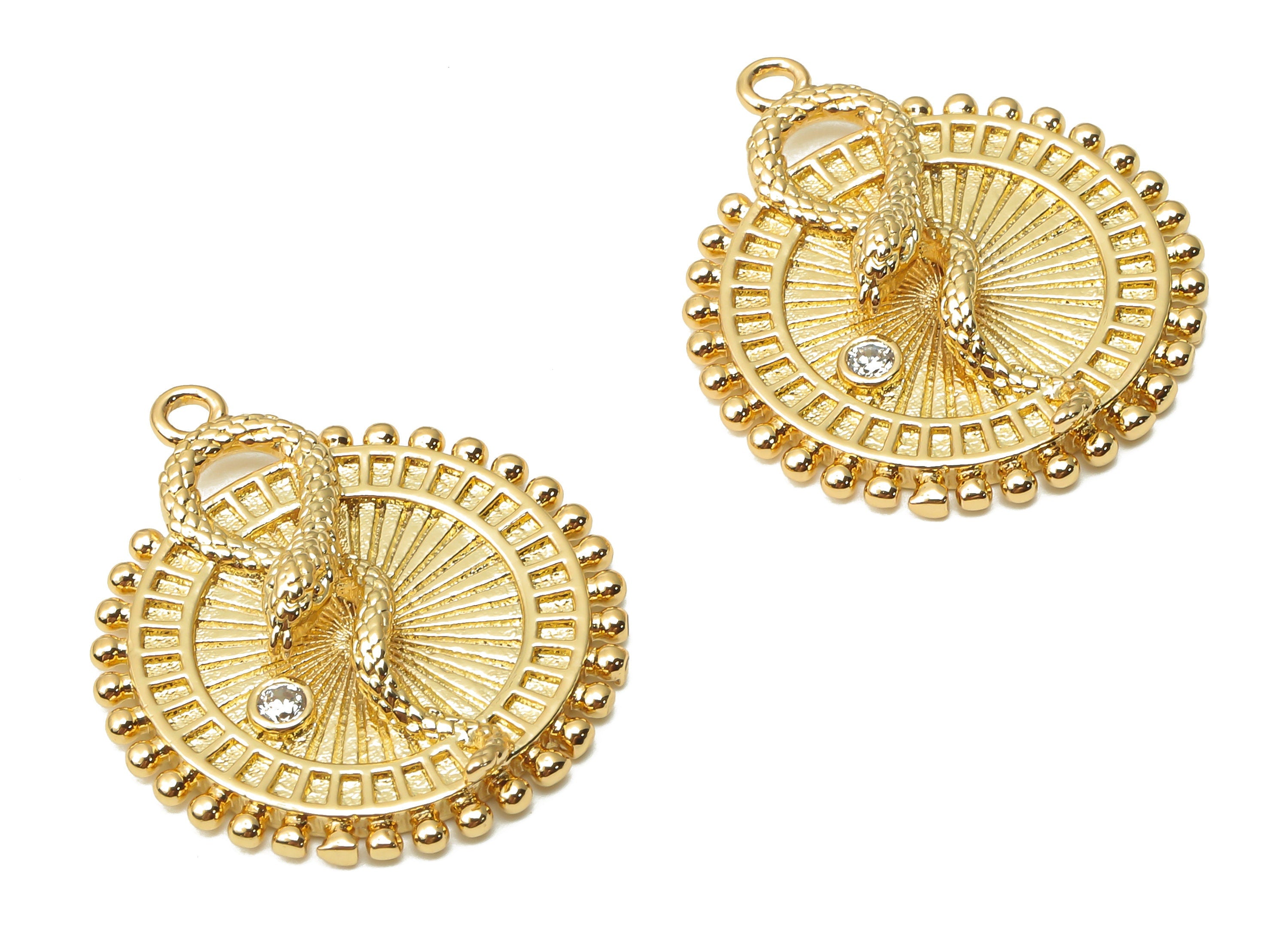 Brass Round Snake On Disc Earring with Zircon - Brass Snake Forked Tongue - Snake Tongue - 18K Real Gold Plated - 25.23x21.86x4.72mm-RGP4939 - DOMEDBAZAAR