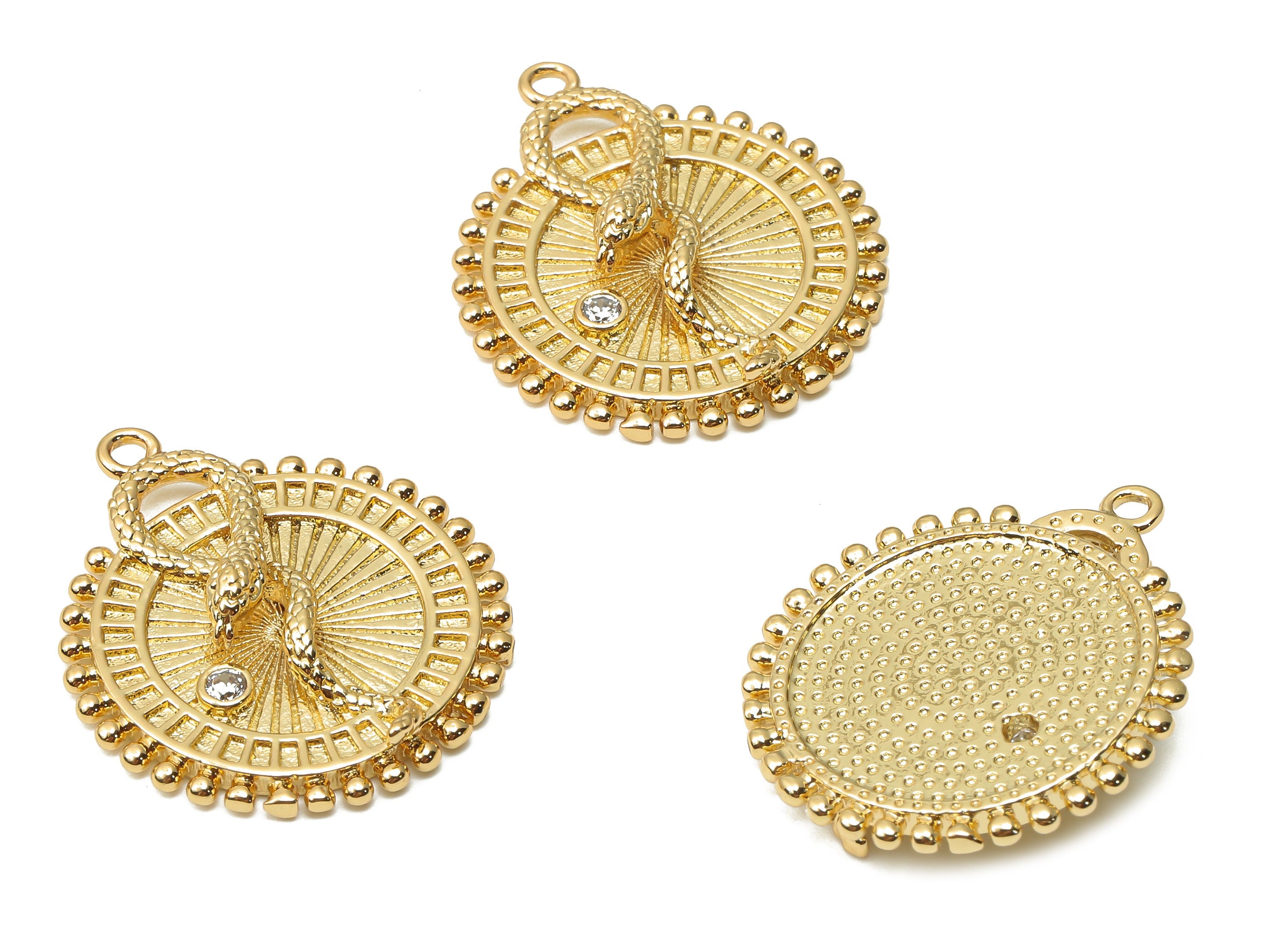 Brass Round Snake On Disc Earring with Zircon - Brass Snake Forked Tongue - Snake Tongue - 18K Real Gold Plated - 25.23x21.86x4.72mm-RGP4939 - DOMEDBAZAAR
