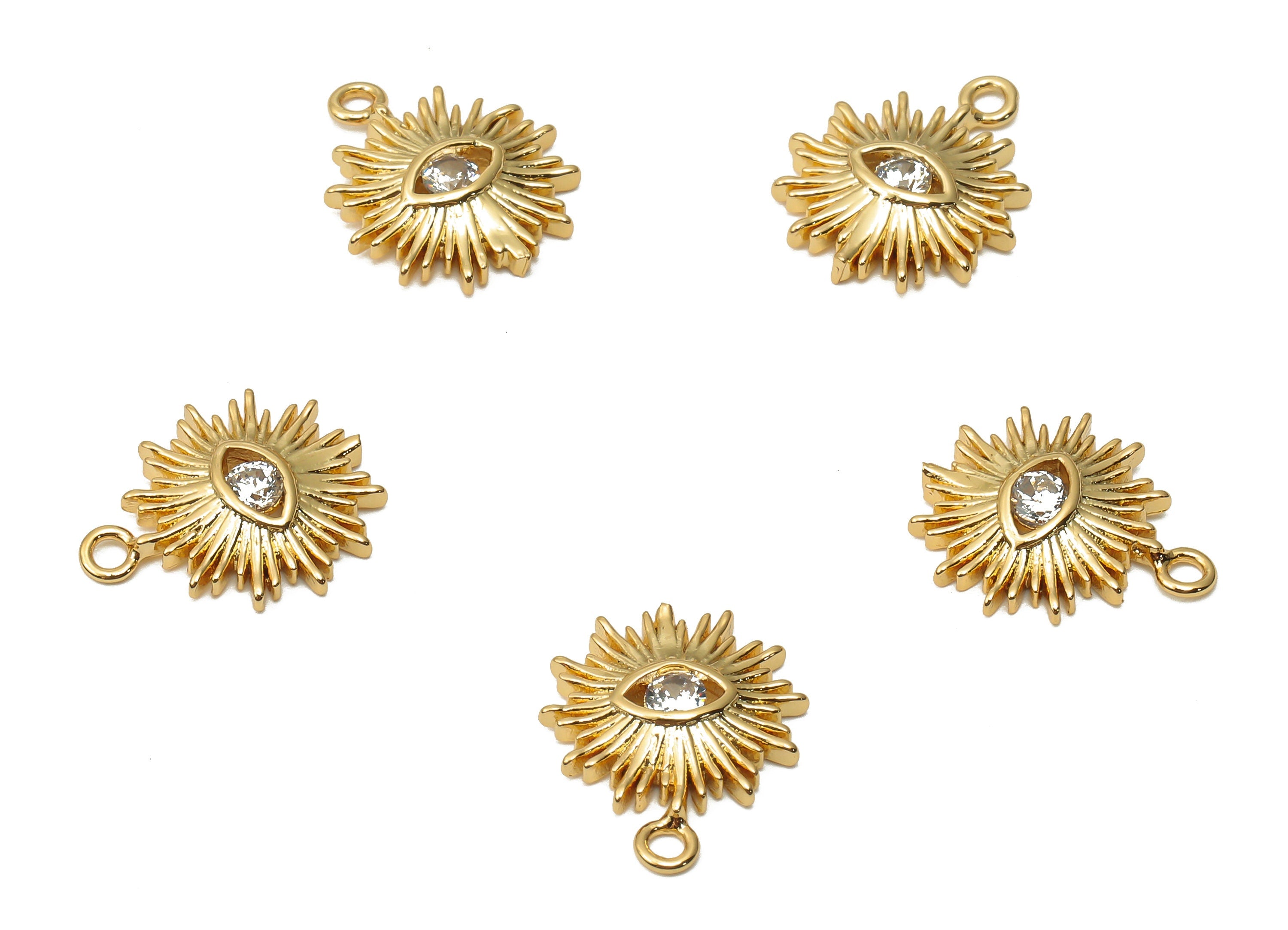 Brass Mini Sun Eye Earring Charms With Zircon - Brass Eye Pendant - Mini Sun For Bracelet - 18K Real Gold Plated -14.33x12.06x2.24mm-RGP4943 - DOMEDBAZAAR