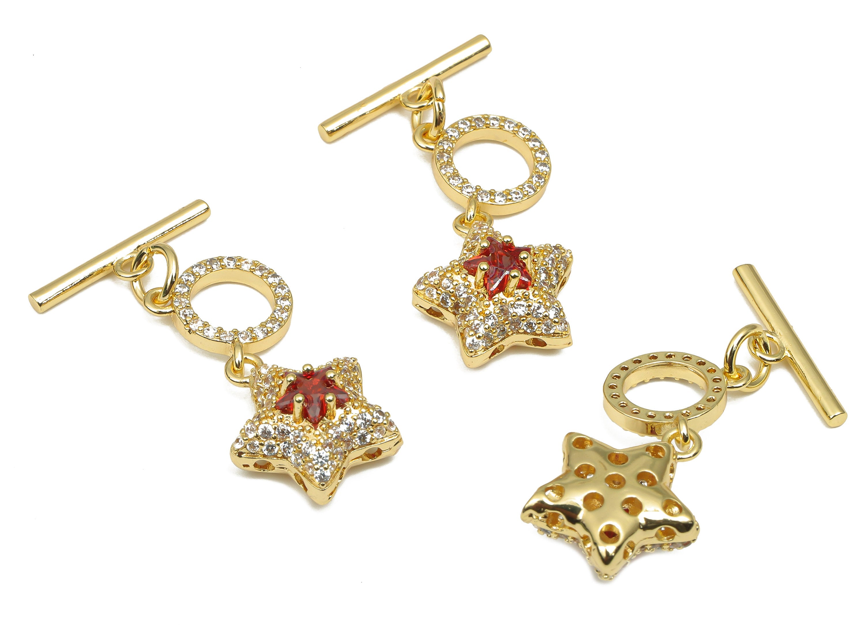 Brass Star Toggle Clasp - CZ Paved Gold Circle Toggle - Zircon - Necklace - Bracelet - 18K Real Gold Plated Brass - 28.2x15.5x7.2mm- RGP4564 - DOMEDBAZAAR