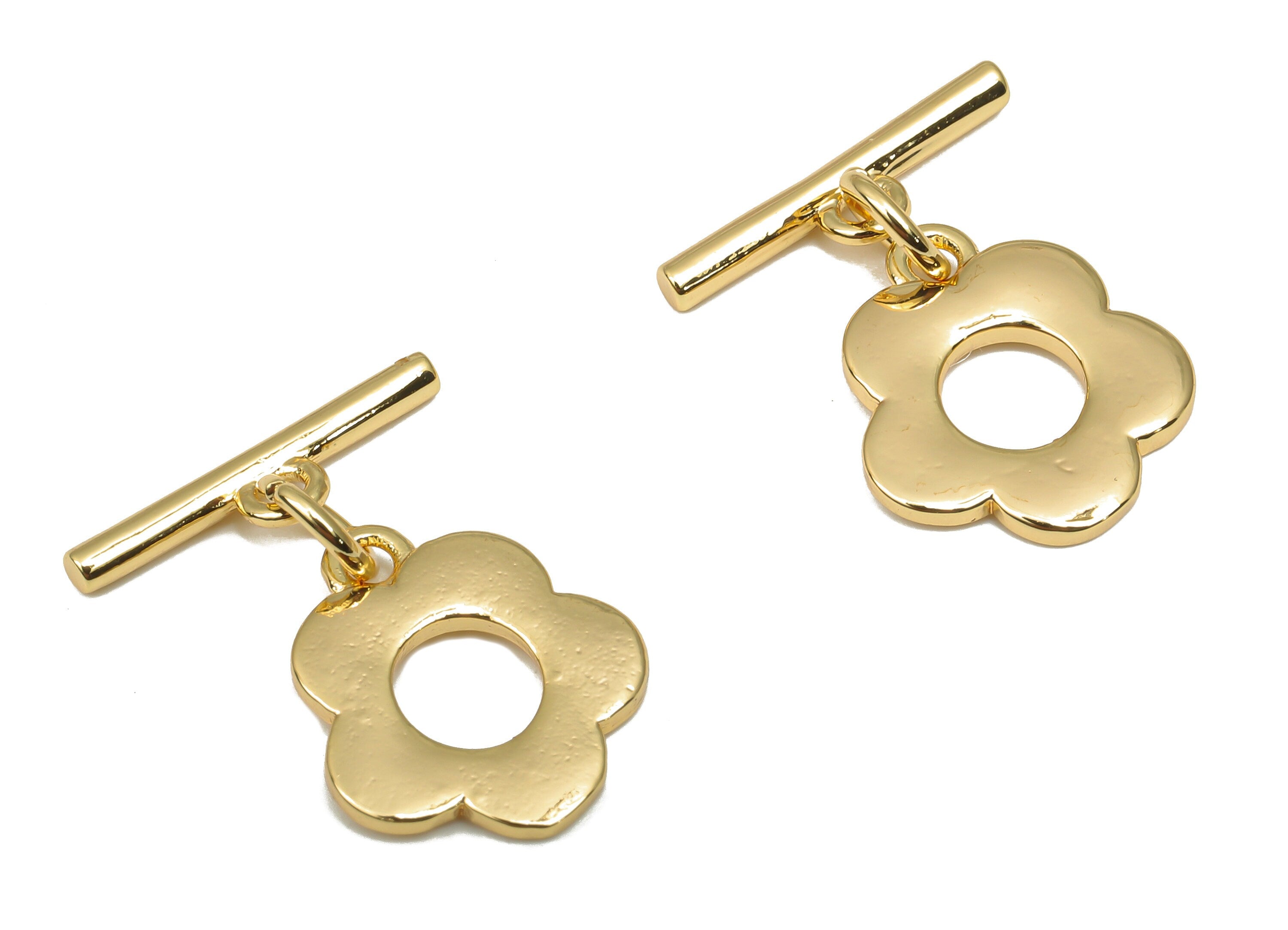 Brass Toggle Clasp - 18K Real Gold Plated Brass Base Thick Flower Toggle - Toggle Necklace - Bracelet Toggle - 18.93x14.7x1.2mm - RGP4567 - DOMEDBAZAAR