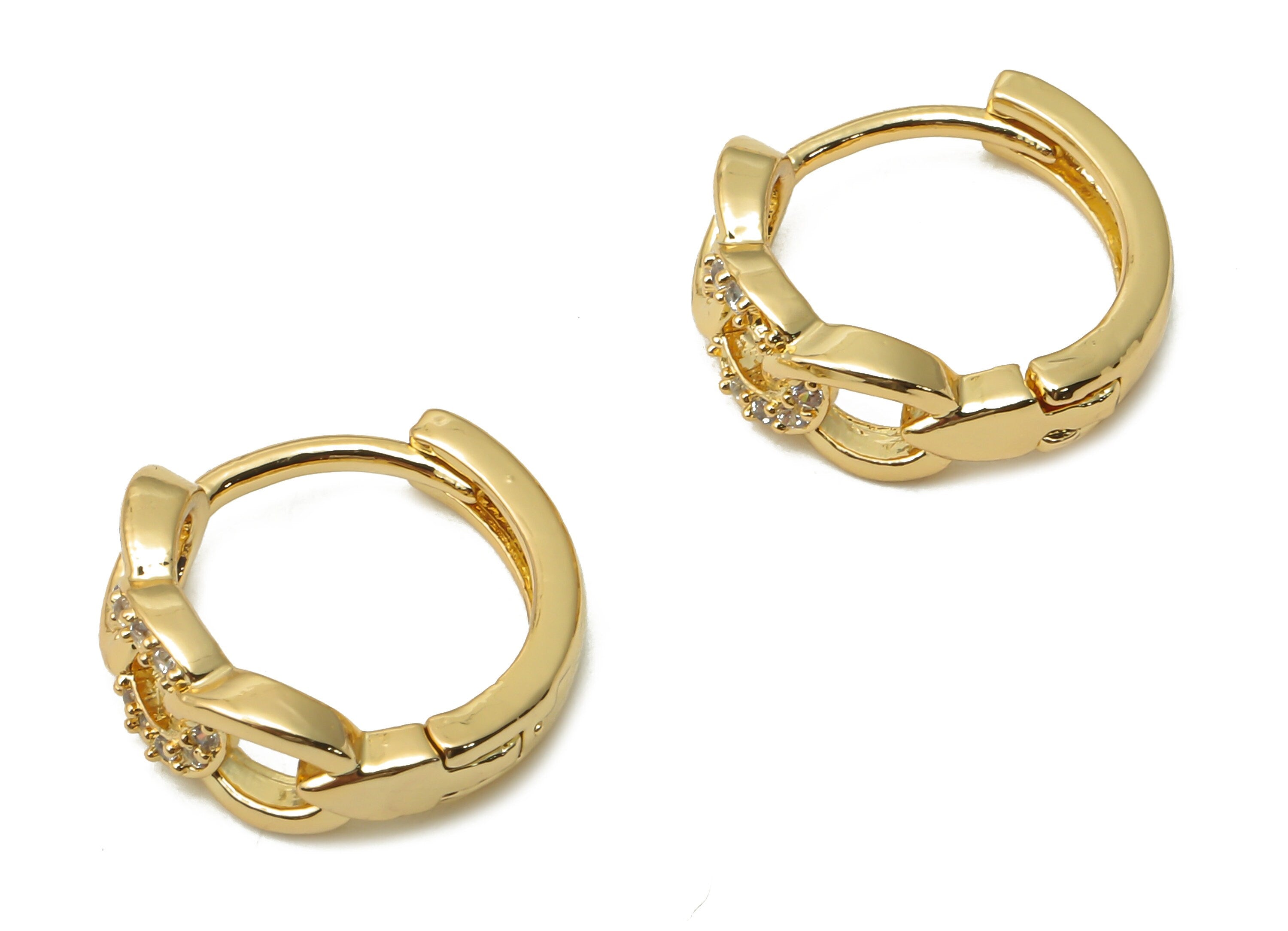 Brass Curb Chain Hoop Earrings - Brass Chain Huggie Clasps With Zircon - Chain Clasp - 18K Real Gold Plated - 14.17x14.17x1.55mm - RGP4948 - DOMEDBAZAAR