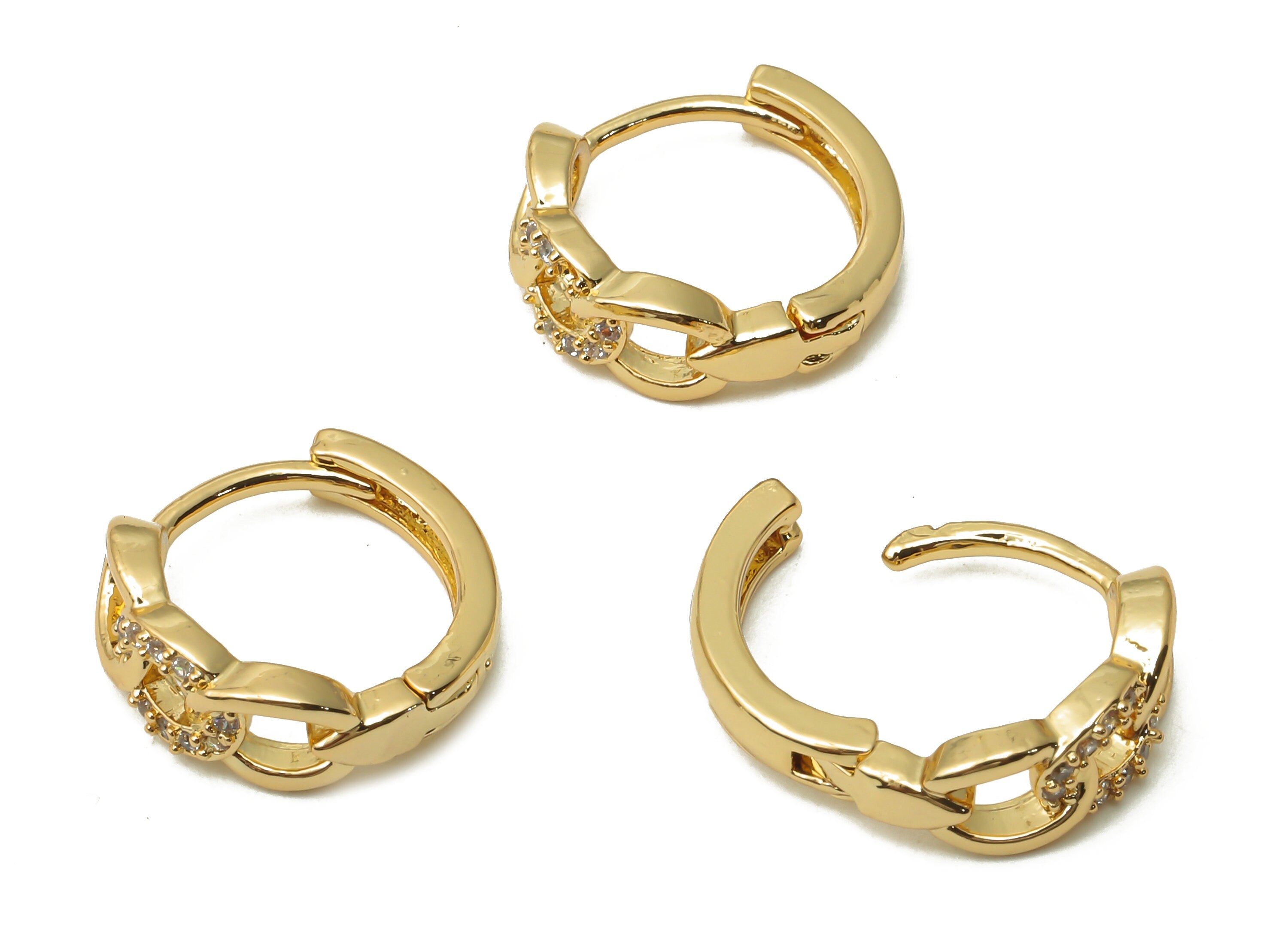 Brass Curb Chain Hoop Earrings - Brass Chain Huggie Clasps With Zircon - Chain Clasp - 18K Real Gold Plated - 14.17x14.17x1.55mm - RGP4948 - DOMEDBAZAAR