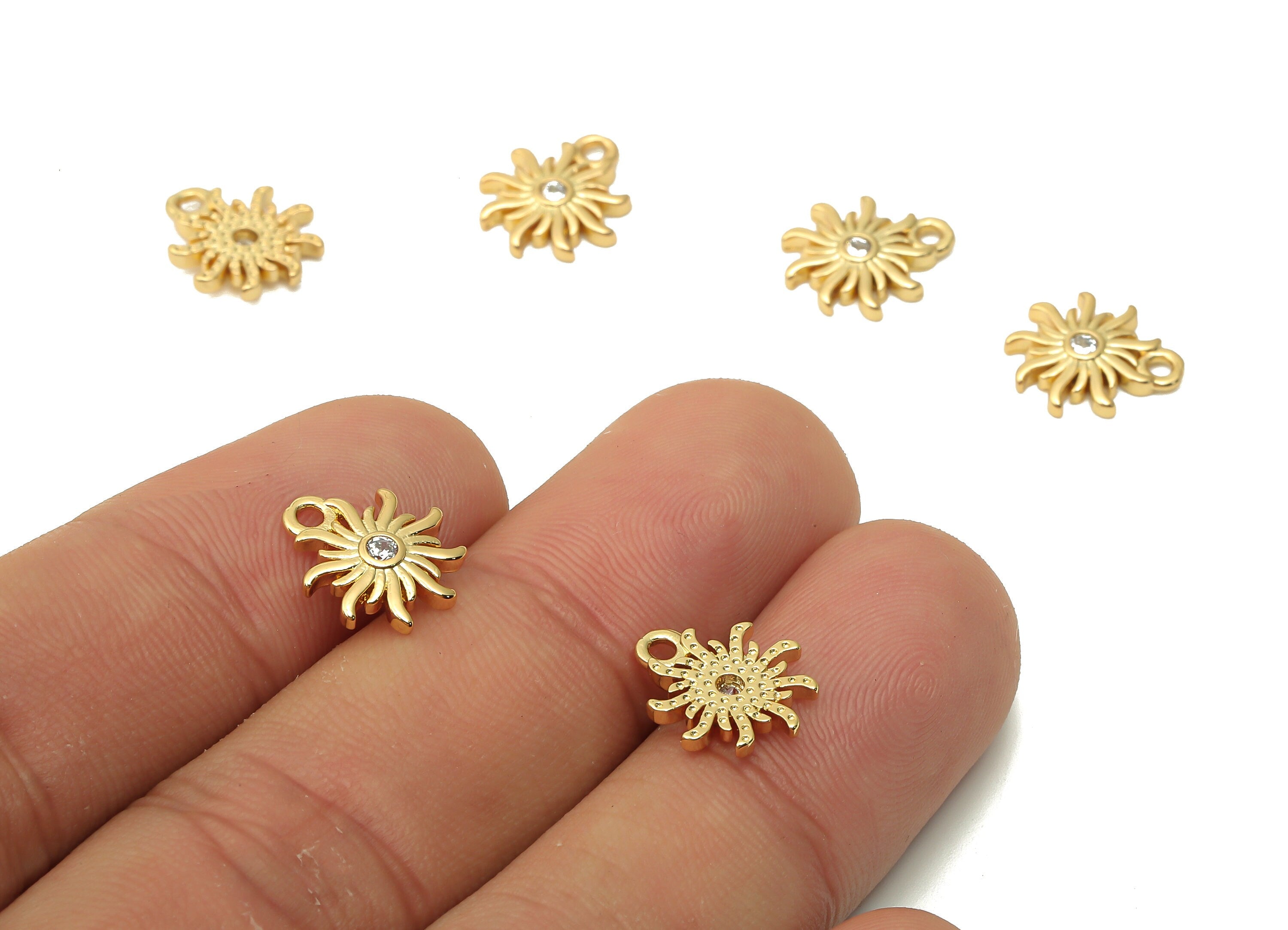 Brass Mini Sun Pendant With Zircon - Brass Necklace - Earring Charms For Bracelet - 18K Real Gold Plated - 12.11x10.47x1.8mm - RGP4953 - DOMEDBAZAAR