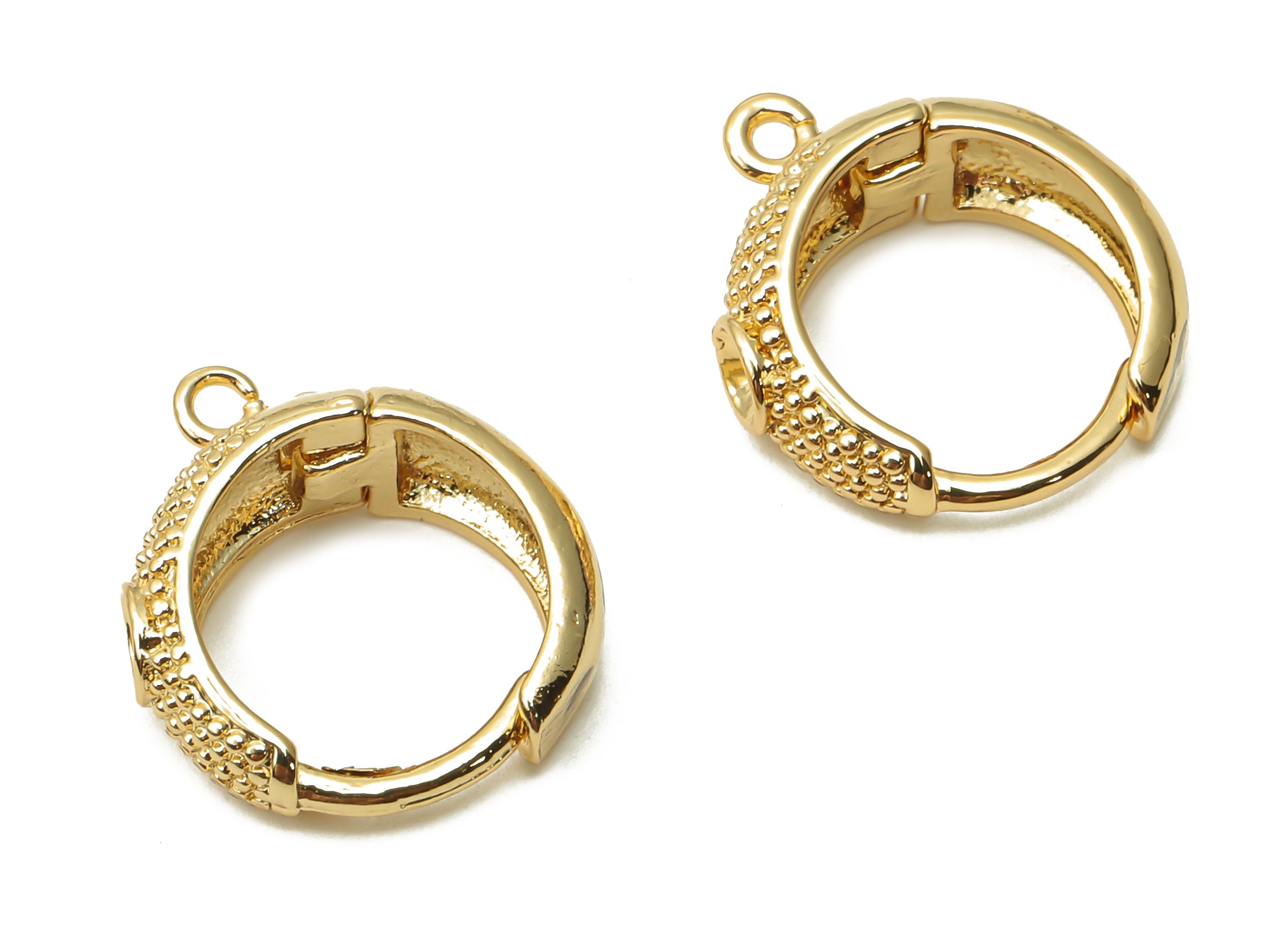 Brass Circle Textured Earring Clasps - Brass Dotted Clasps - Thick Huggie Hoop With loop - 18K Real Gold Plated - 16.23x10.04x1.94mm-RGP4955 - DOMEDBAZAAR