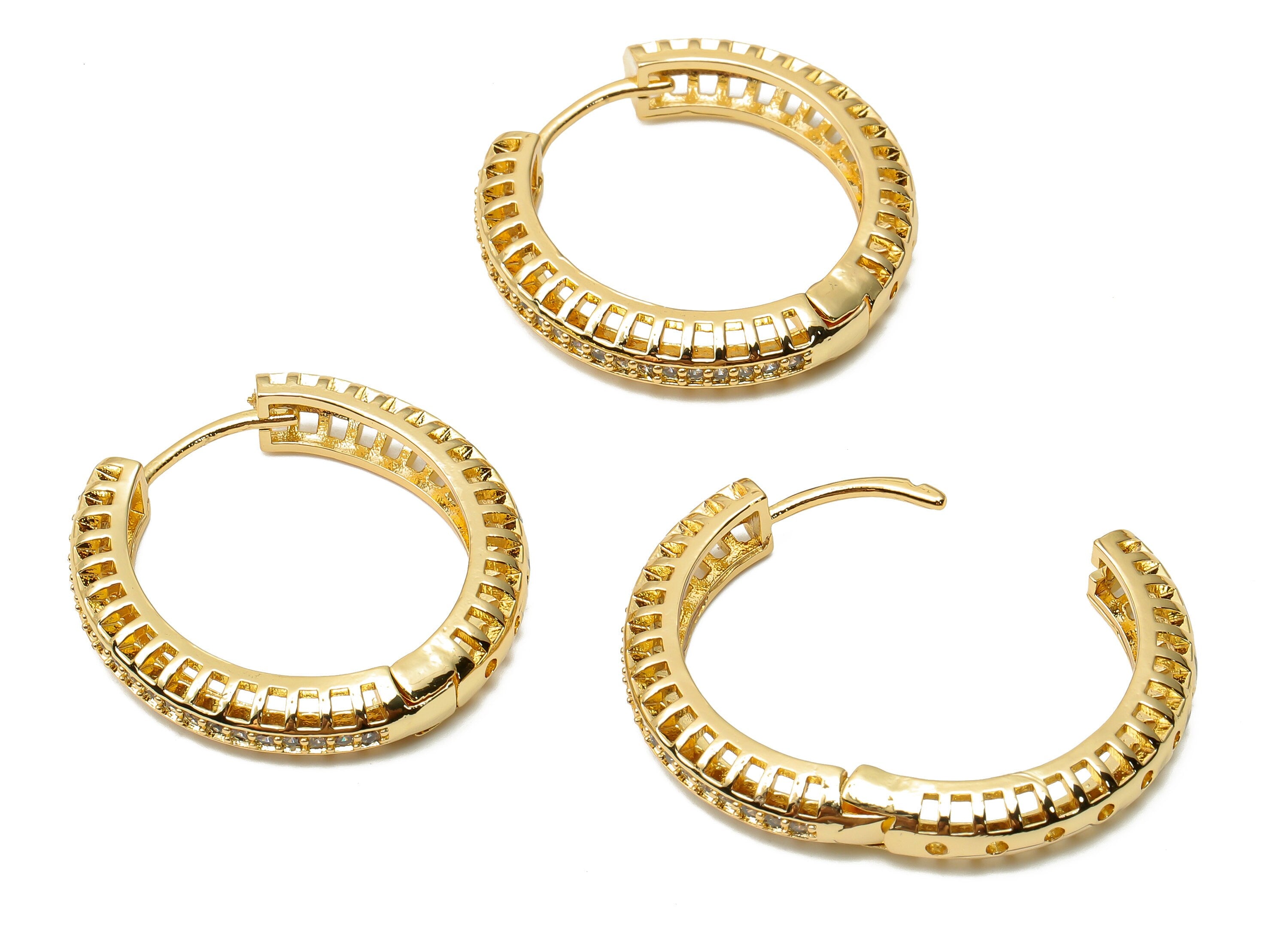 Brass Round Earrings With Zircons - Hollow Hoop Clasps - Brass Textured Thick Hoop - 18K Real Gold Plated- 29.23x29.23x3.28mm - RGP4958 - DOMEDBAZAAR