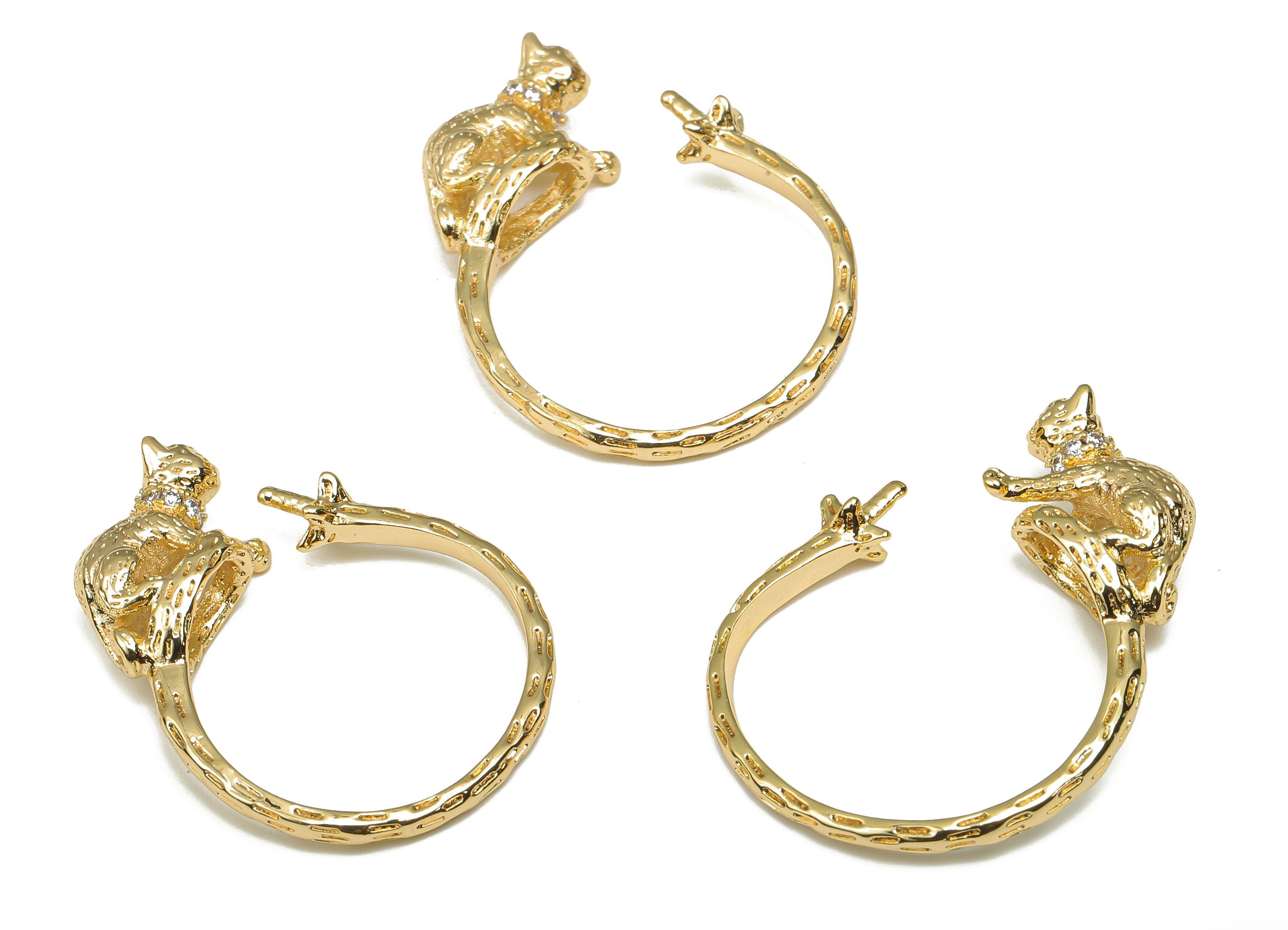 Brass Cat Open Hoop Earrings - CZ Paved Gold Cat Earring - Cat Lady Gift - For Pearl - 18K Real Gold Plated Brass - 25x19.2x4.97mm - RGP4576 - DOMEDBAZAAR