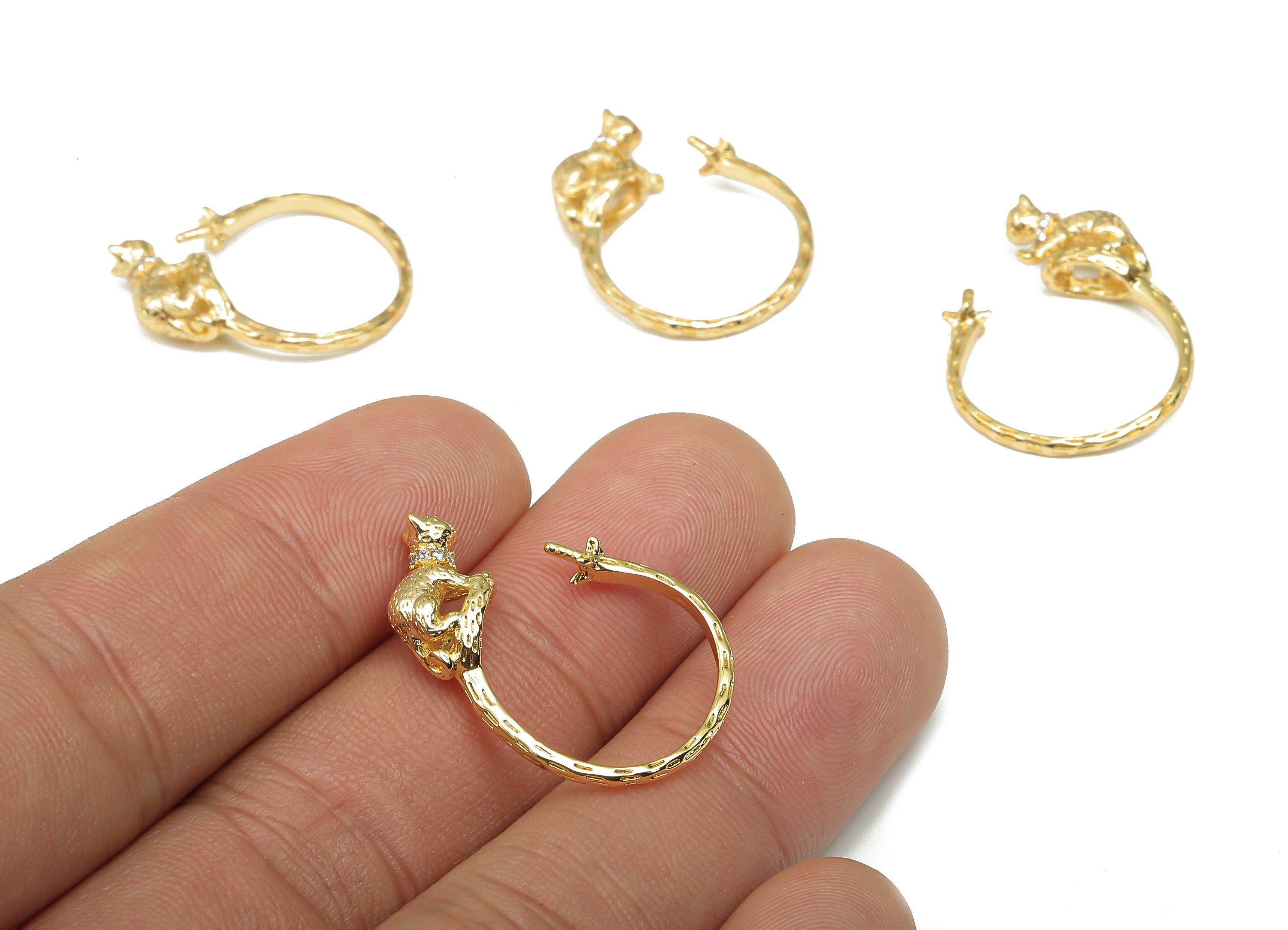 Brass Cat Open Hoop Earrings - CZ Paved Gold Cat Earring - Cat Lady Gift - For Pearl - 18K Real Gold Plated Brass - 25x19.2x4.97mm - RGP4576 - DOMEDBAZAAR