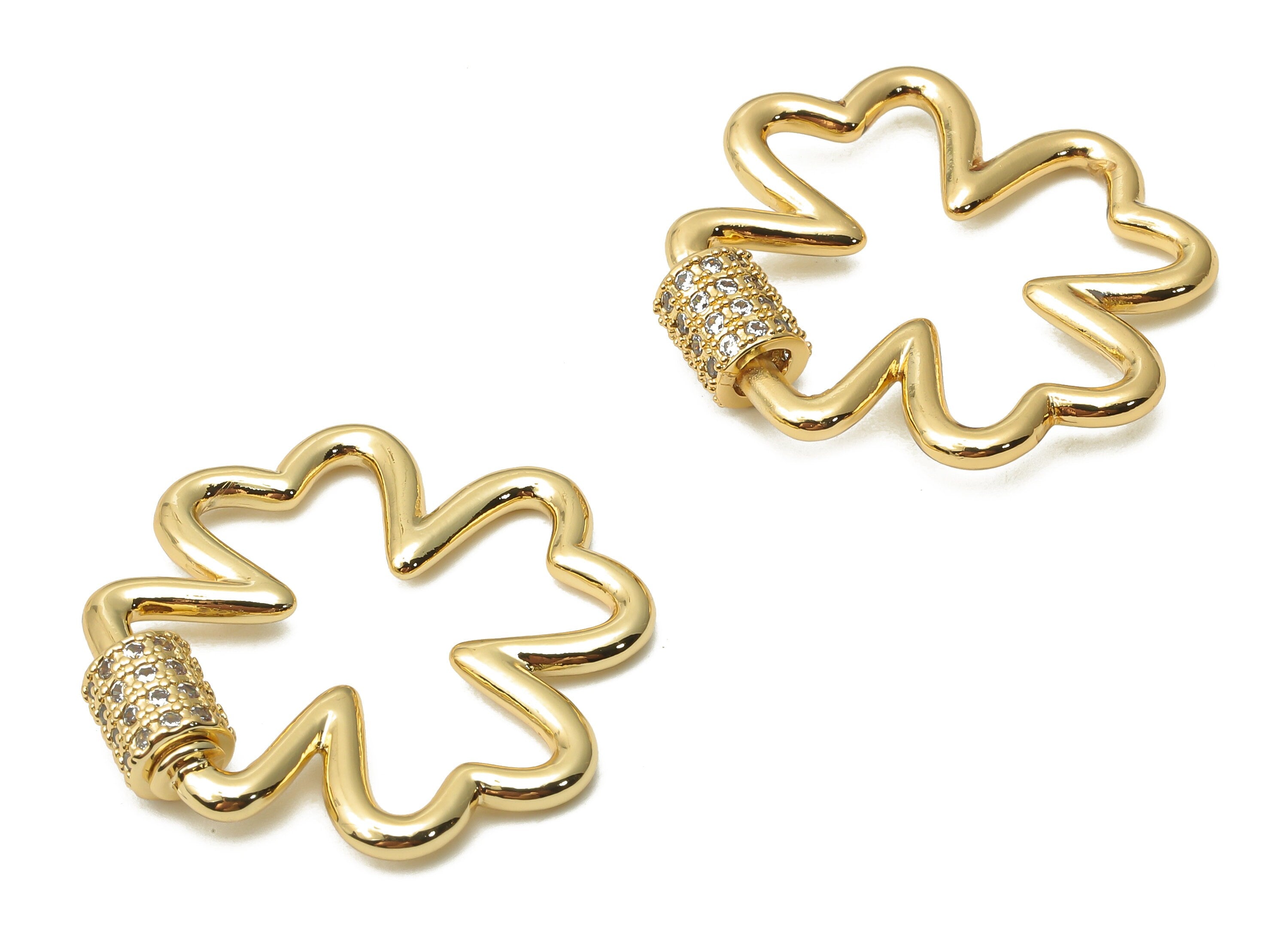 Brass Screw Clasp Lock Clover Earring With Zircon - Brass Carabiner Turnbuckle Earring Stud - 18K Real Gold Plated- 27.24x26x1.92mm-RGP4959 - DOMEDBAZAAR