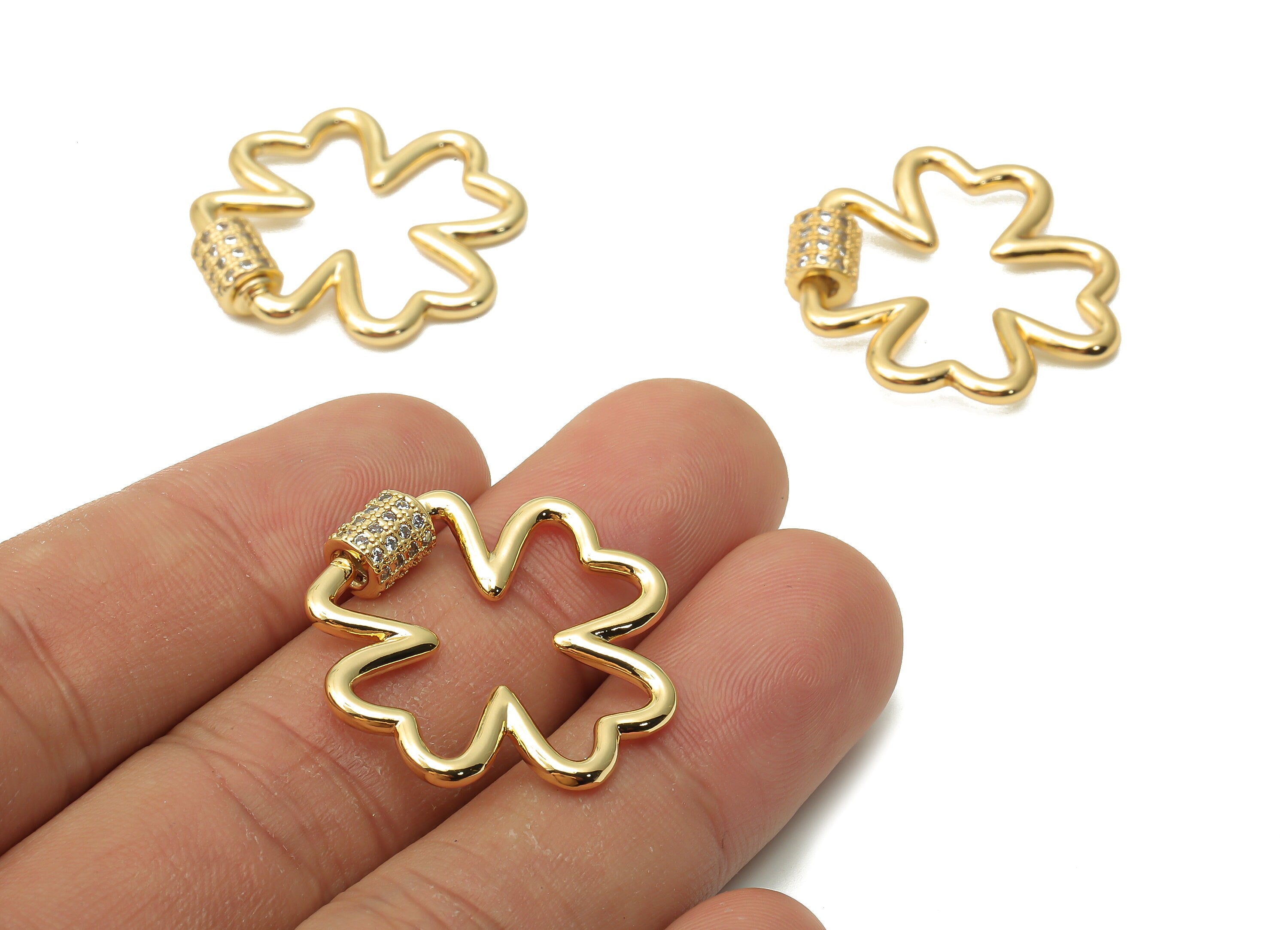 Brass Screw Clasp Lock Clover Earring With Zircon - Brass Carabiner Turnbuckle Earring Stud - 18K Real Gold Plated- 27.24x26x1.92mm-RGP4959 - DOMEDBAZAAR