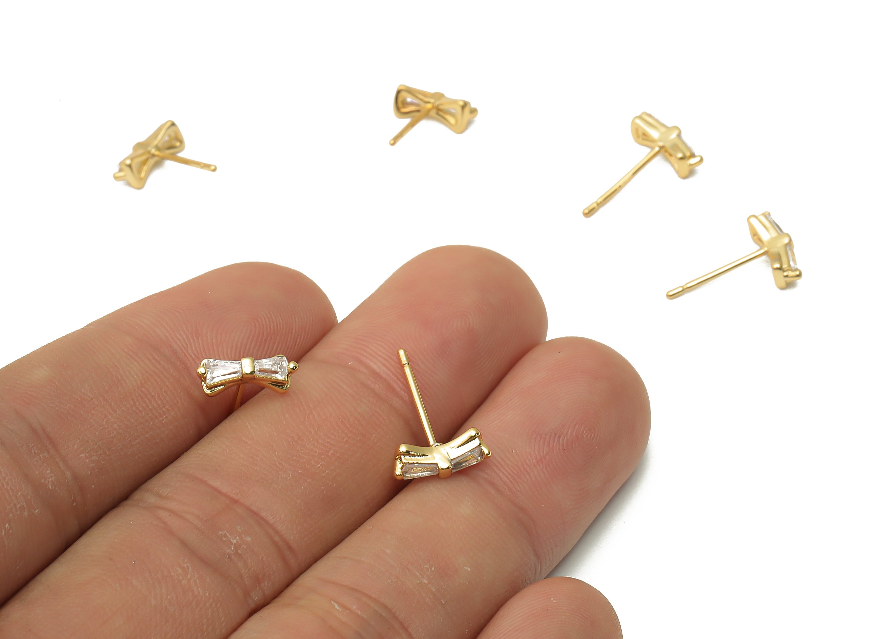 Brass Earring Stud With Zircon - Bass Bowtie Earring Post - 18K Real Gold Plated Brass - 925 Silver Needle - 10.03x3.83x2.85mm - RGP4960 - DOMEDBAZAAR