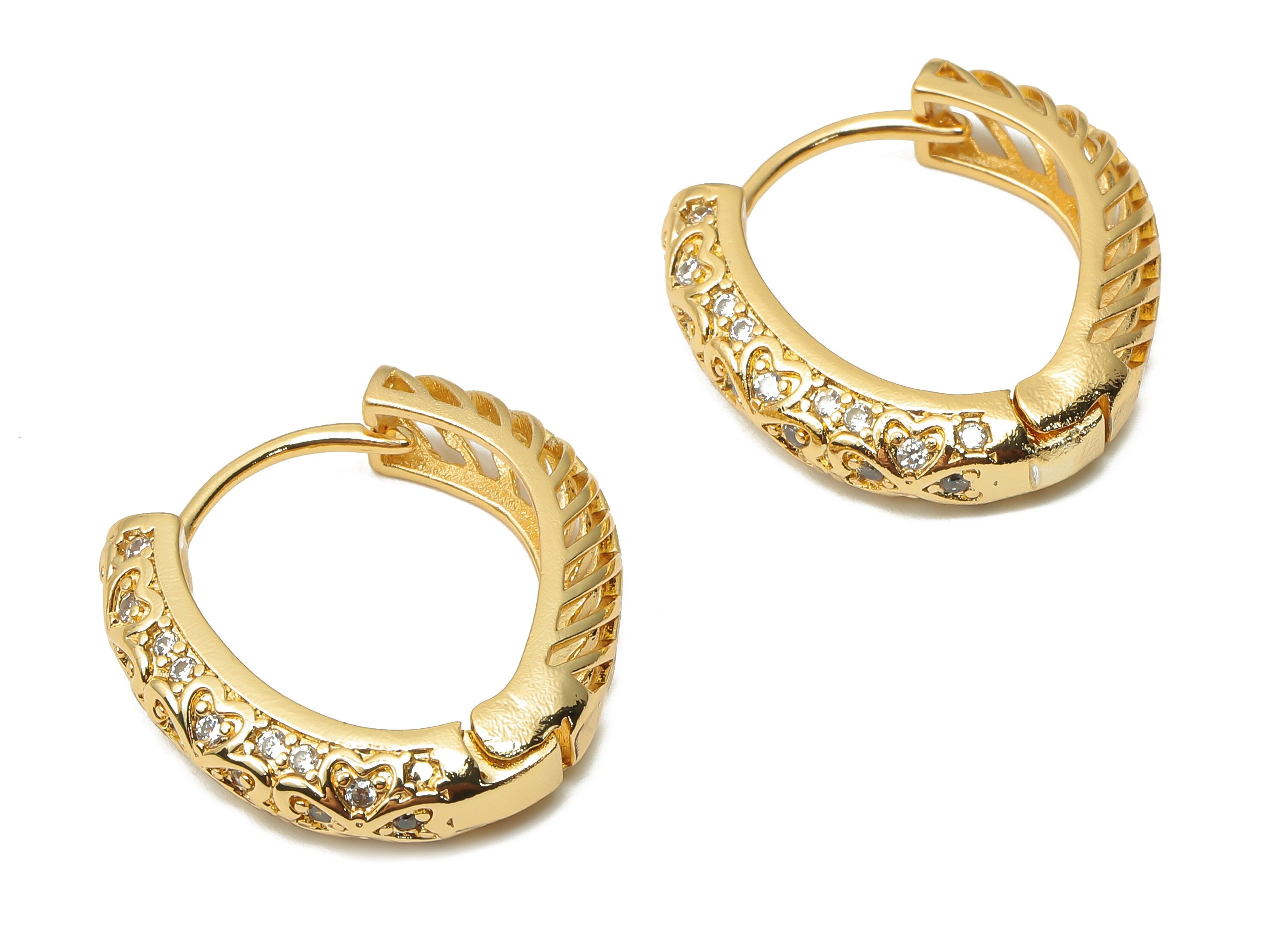 Brass Textured Thick Hoop Earring - Brass Huggie Earrings - Brass Huggie Hoop With Zircon -18K Real Gold Plated -23.61x22.68x1.61mm -RGP4962 - DOMEDBAZAAR