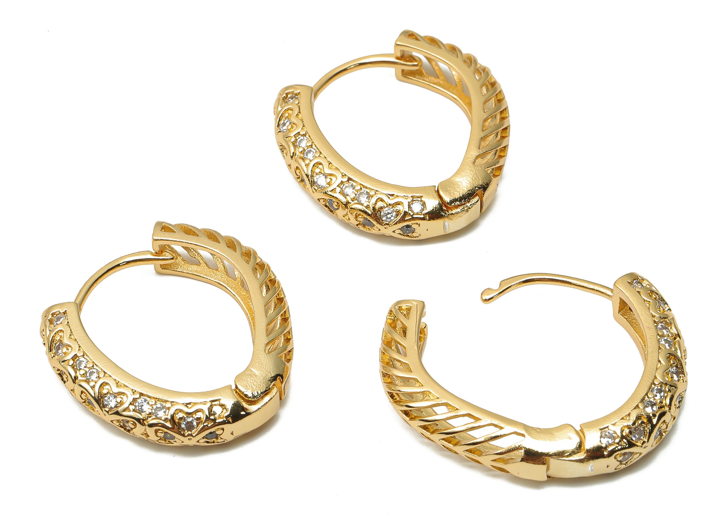 Brass Textured Thick Hoop Earring - Brass Huggie Earrings - Brass Huggie Hoop With Zircon -18K Real Gold Plated -23.61x22.68x1.61mm -RGP4962 - DOMEDBAZAAR