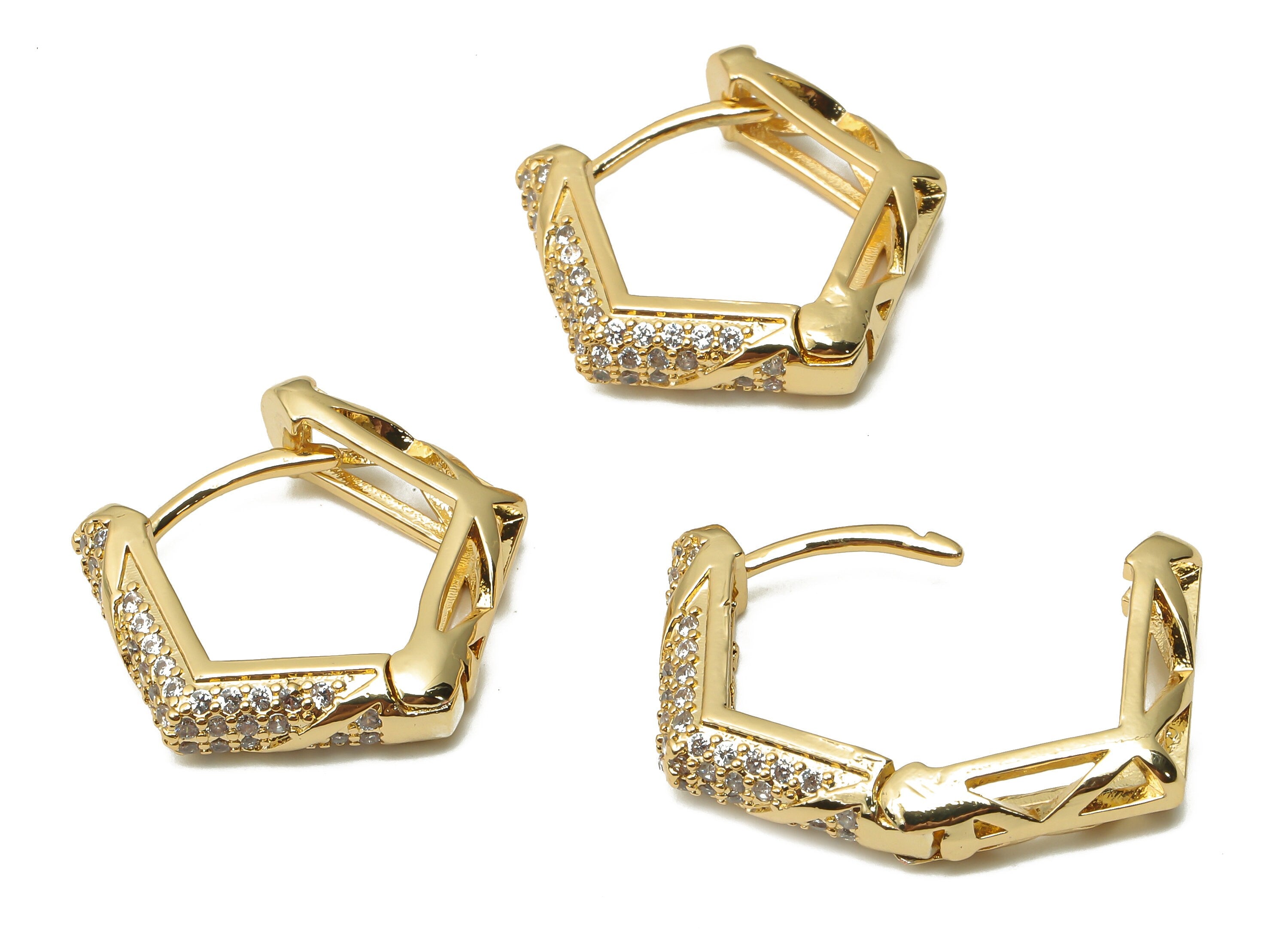 Brass Pentagon Huggie Hoop Earrings - Brass Huggie Hoop Earrings - Geometric Thick Hoop - 18K Real Gold Plated -21.21x20.94x1.43mm - RGP4966 - DOMEDBAZAAR