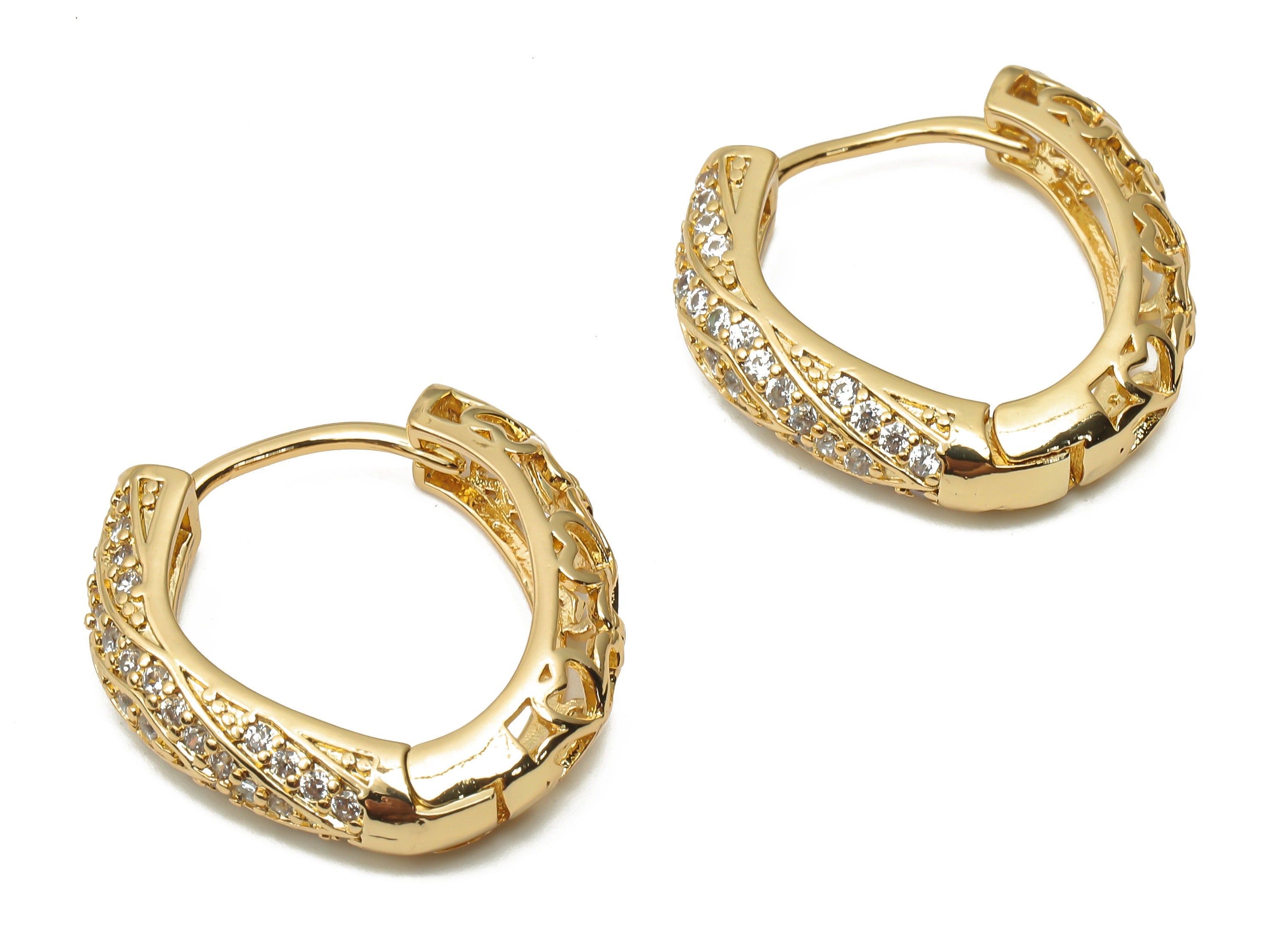 Brass Round Huggie Hoop Earrings with Zircons - Brass Thick Hoop Earrings - Huggie Hoop - 18K Real Gold Plated - 23.7x22.83x2mm - RGP4967 - DOMEDBAZAAR