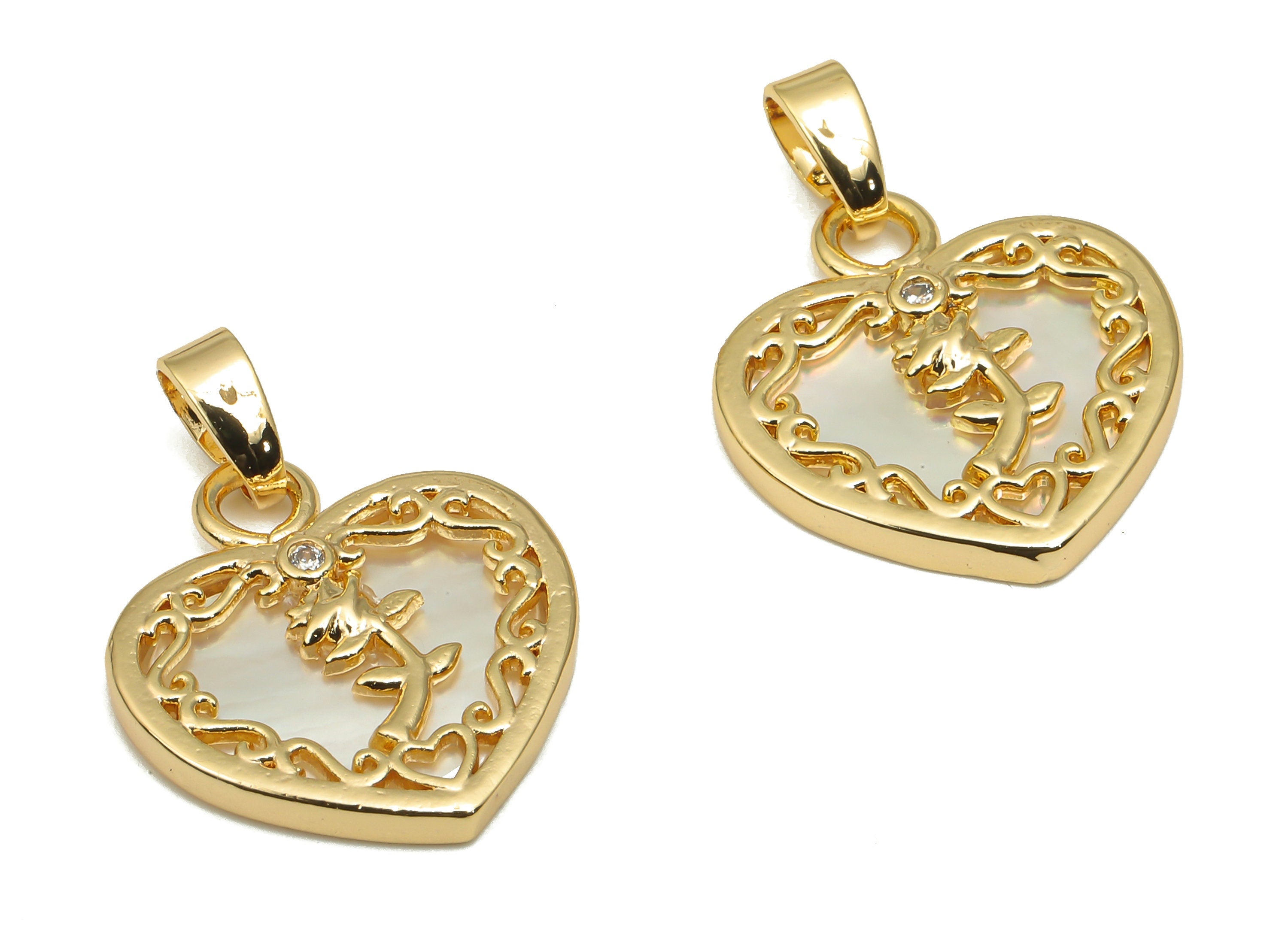 Brass Heart Charm - Brass Shell Flower Pendant - 18K Real Gold Plated Brass Charm - For Necklace - 21.35x15.59x1.96mm - RGP4585 - DOMEDBAZAAR