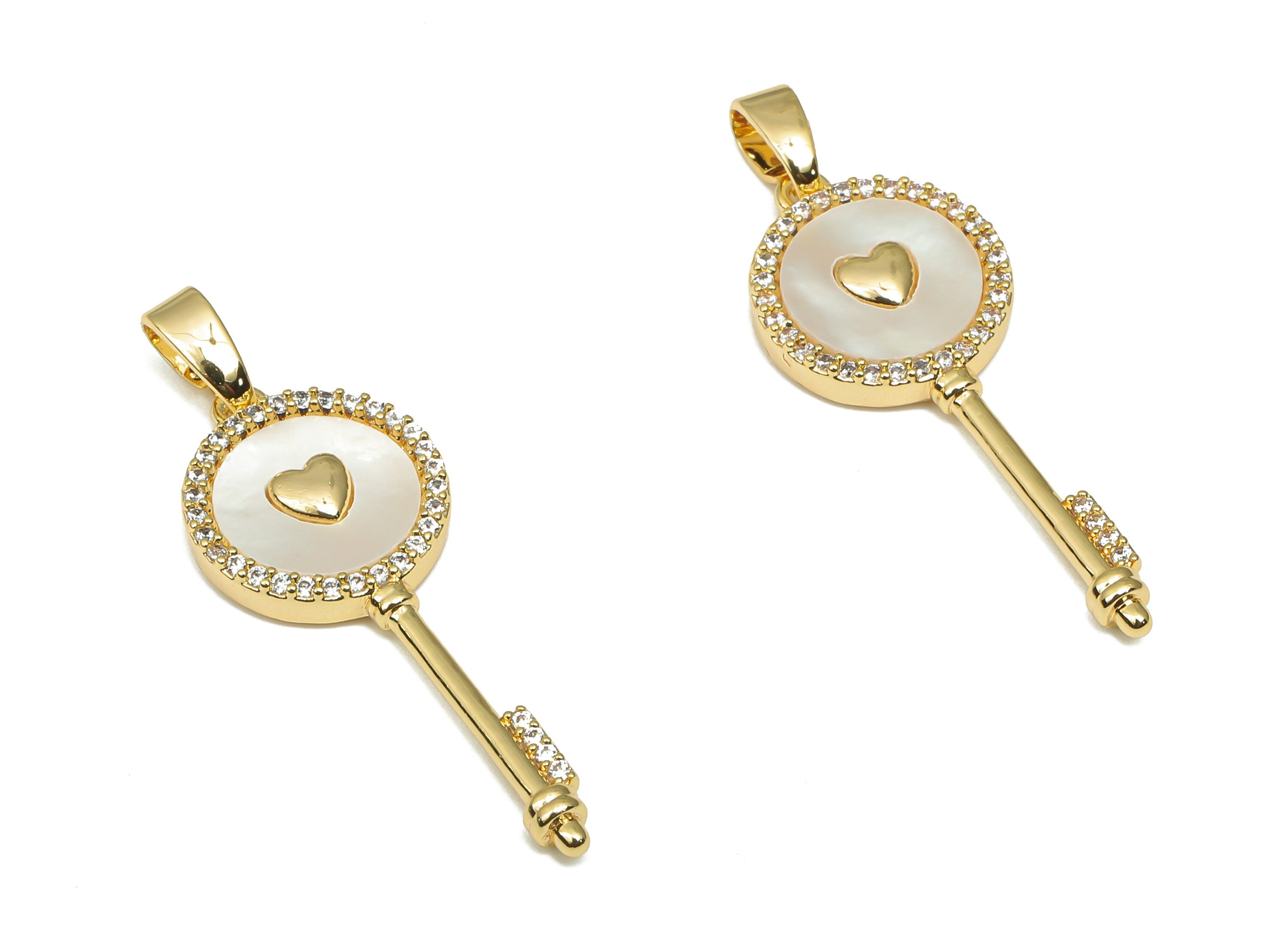 Brass MOP Key Charm - Zircon Paved Heart Pendant - 18K Real Gold Plated Brass Charm - For Necklace - 33.21x11.41x2.4mm - RGP4587 - DOMEDBAZAAR