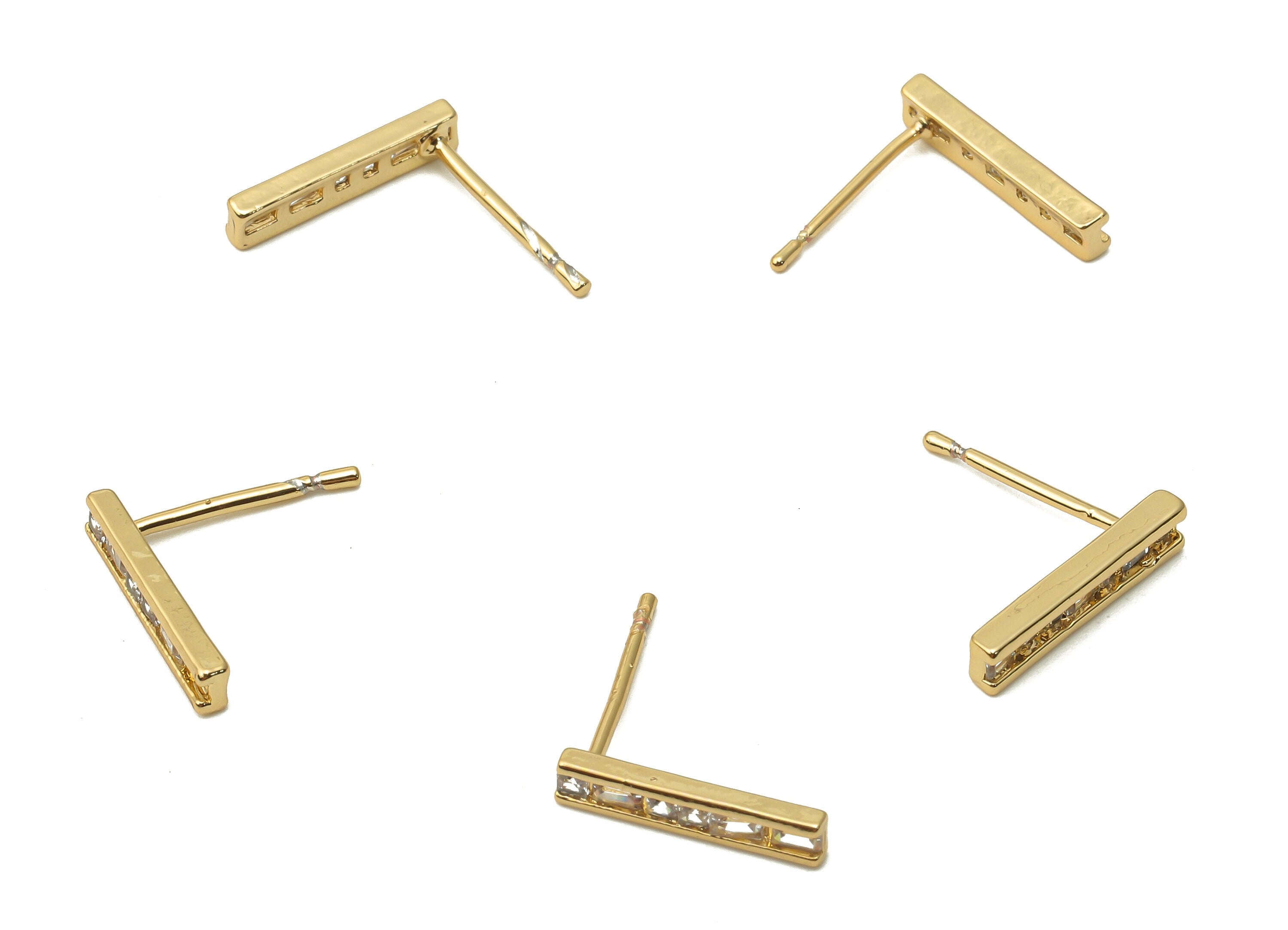 Brass Earring Bar Stud With Zircon - Gold plated Letter I Earring Post - 18K Real Gold Plated Brass -13.6x2.92x1.66mm - RGP4971 - DOMEDBAZAAR