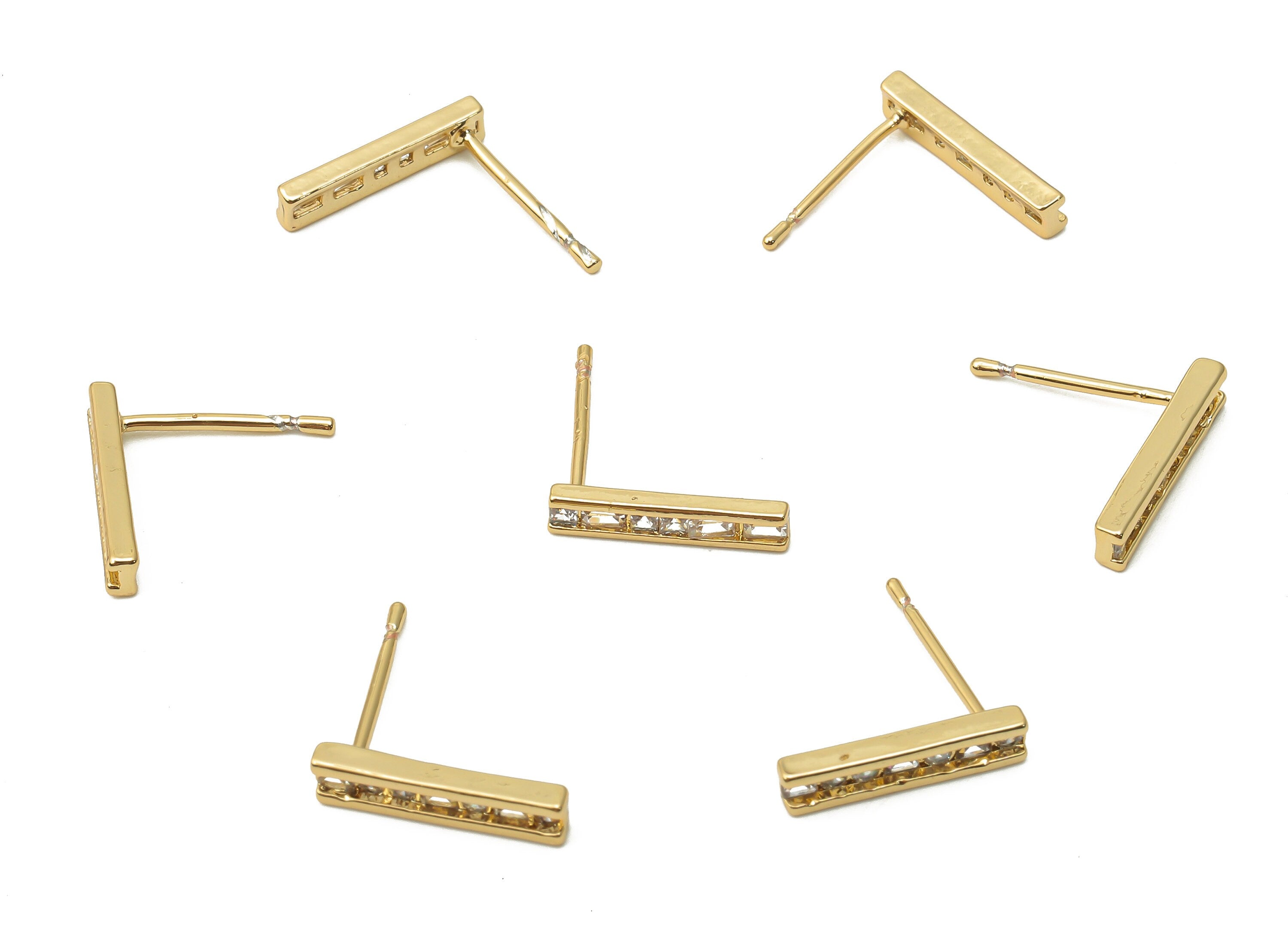 Brass Earring Bar Stud With Zircon - Gold plated Letter I Earring Post - 18K Real Gold Plated Brass -13.6x2.92x1.66mm - RGP4971 - DOMEDBAZAAR