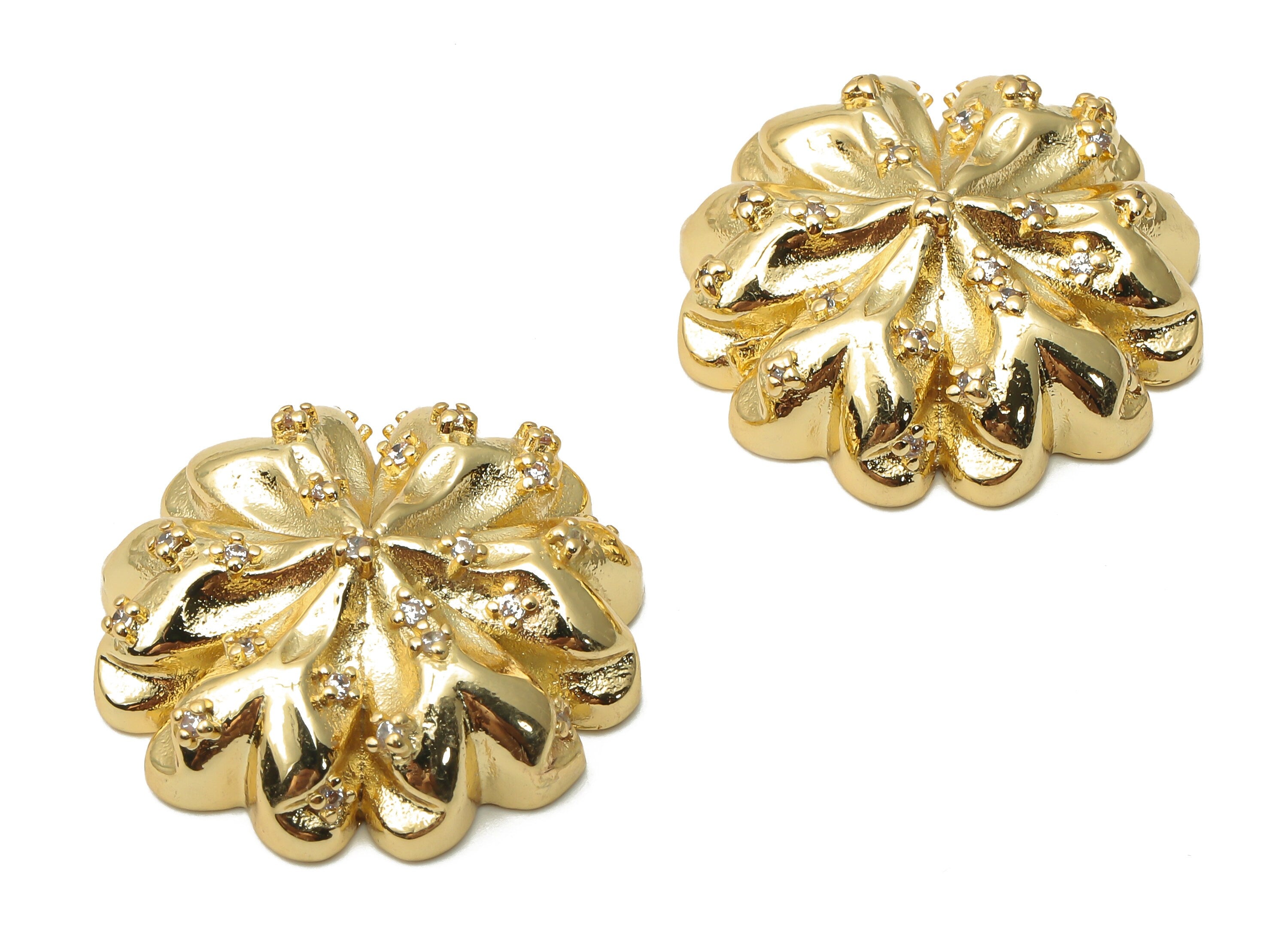 Brass Flower Earrings Big Charm With Zircons - Brass Thick Pendant - Brass Flower Charms- 18K Real Gold Plated - 24.72x24.72x8.6mm - RGP4972 - DOMEDBAZAAR