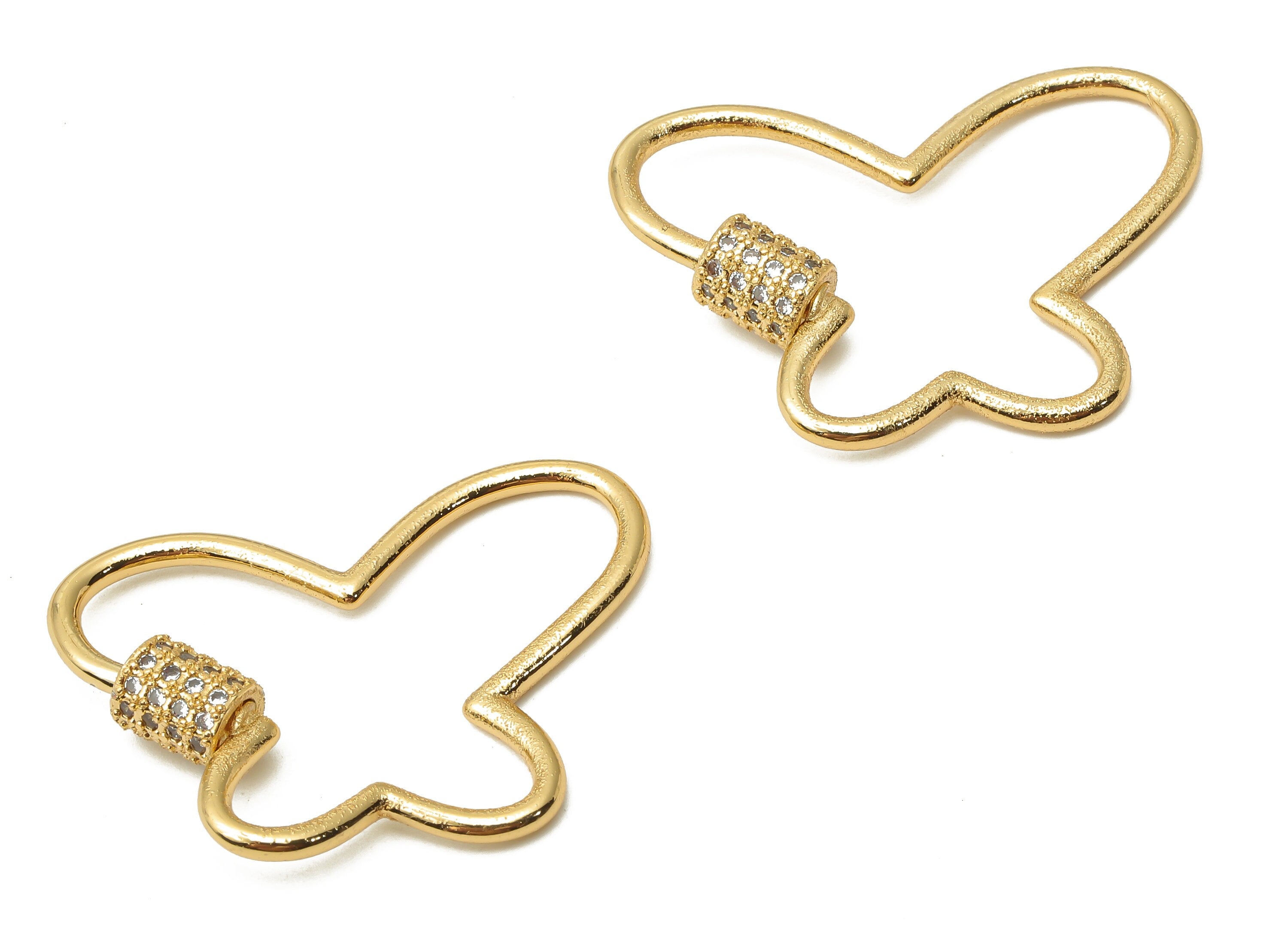 Brass Butterfly Earring Screw Clasps with Zircon - Brass Carabiner Turnbuckle Lock Pendant -18K Real Gold Plated - 33.5x25.4x1.9mm - RGP4974 - DOMEDBAZAAR