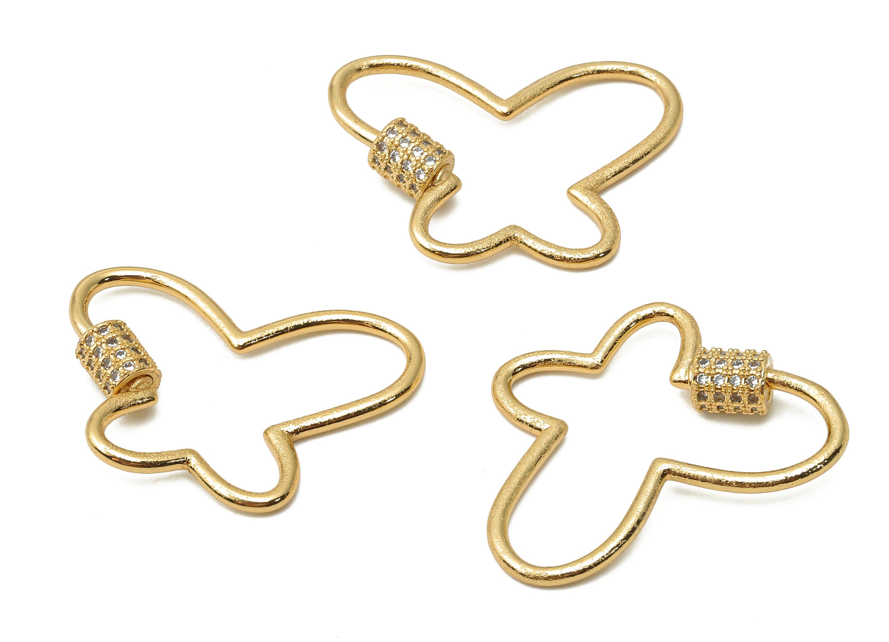 Brass Butterfly Earring Screw Clasps with Zircon - Brass Carabiner Turnbuckle Lock Pendant -18K Real Gold Plated - 33.5x25.4x1.9mm - RGP4974 - DOMEDBAZAAR