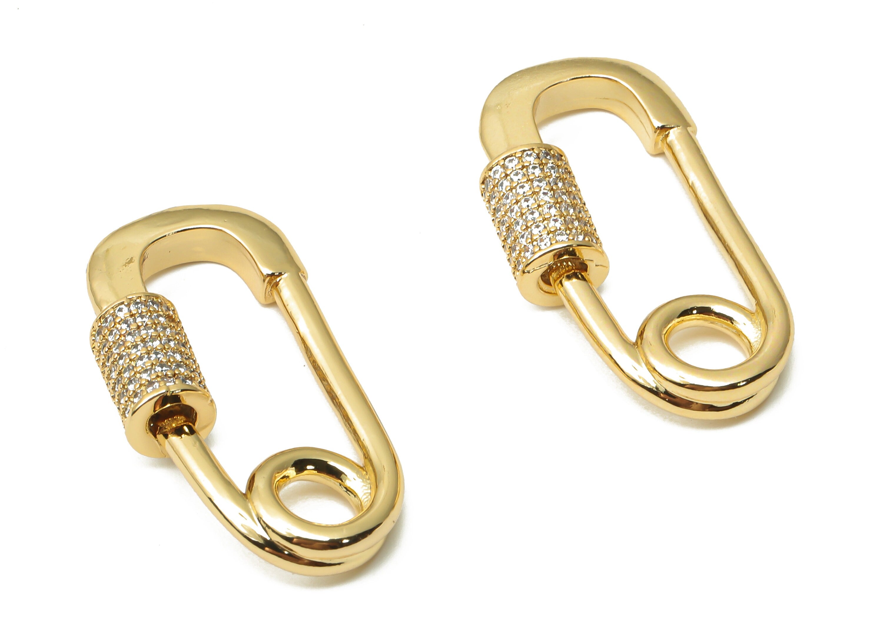 Brass Screw Clasp Safety Pin Earring - Brass Turnbuckle Lock Safety Pin Pendant - Carabiner - 18K Real Gold Plated-29.31x15.98x3.1mm-RGP4975 - DOMEDBAZAAR