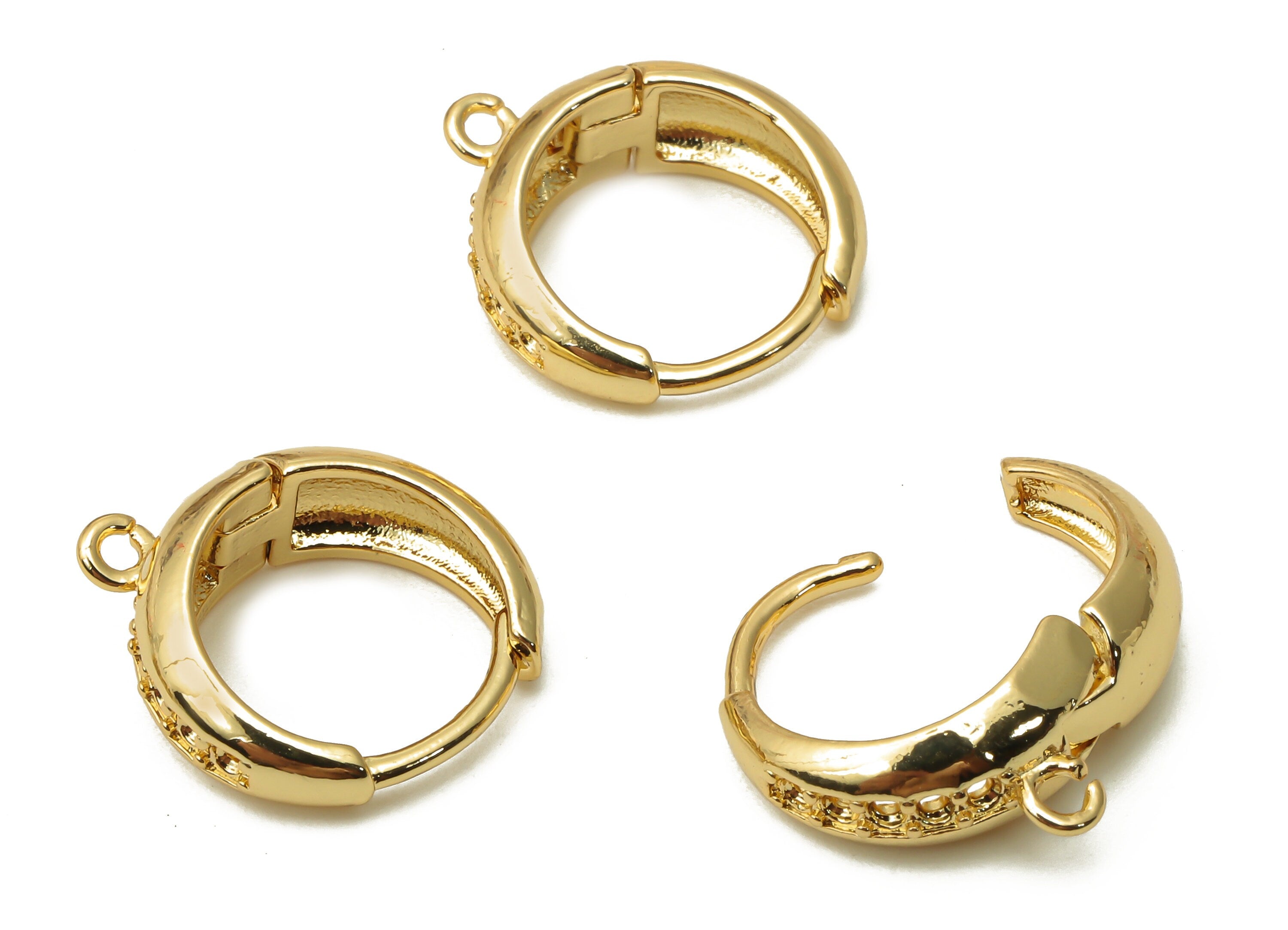 Brass Circle Earrings Clasps - Brass Dot Clasps - Gold plated Huggie Hoop With loop - 18K Real Gold Plated - 15.68x14.18x1.86mm - RGP4976 - DOMEDBAZAAR