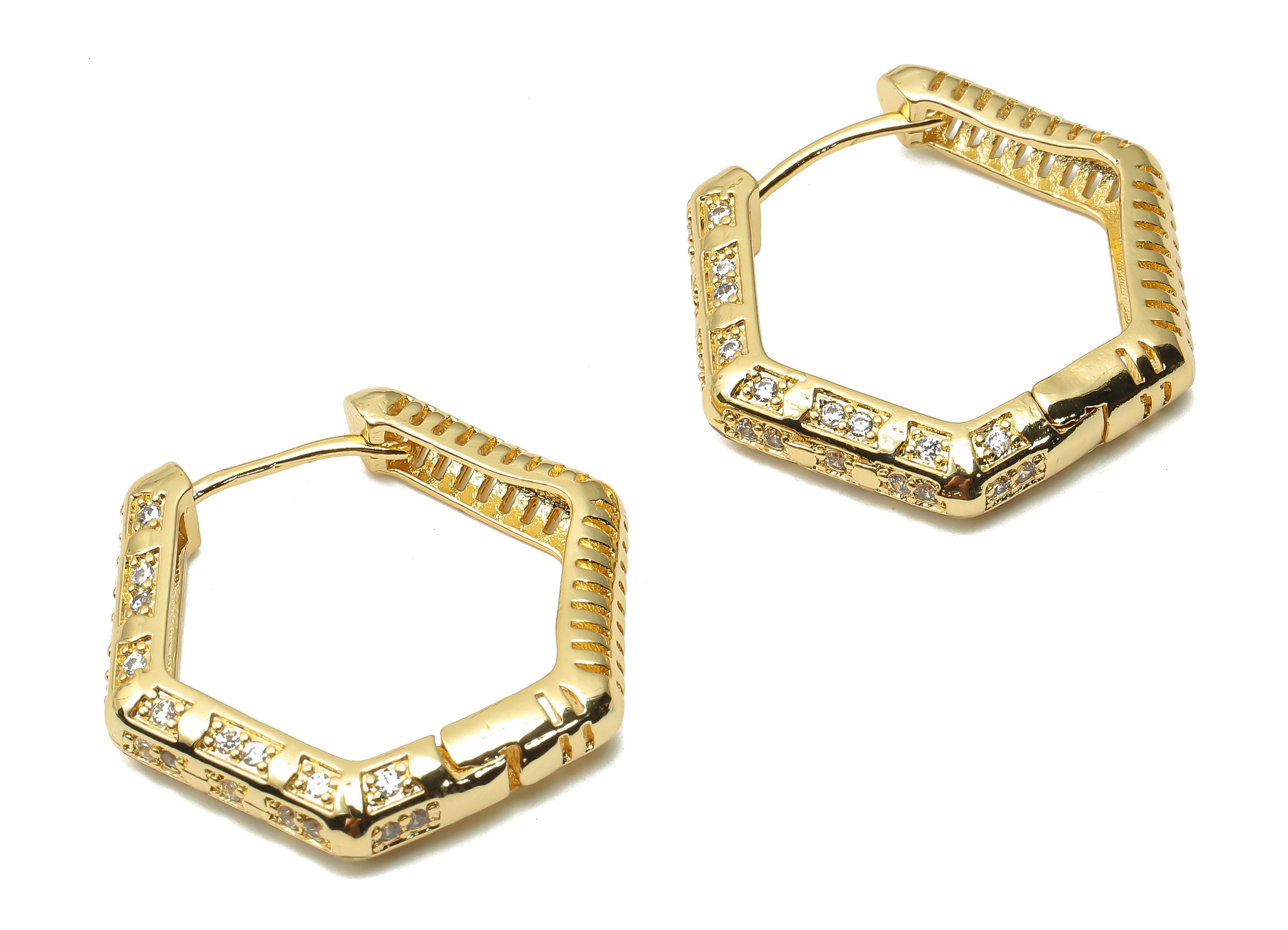 Brass Textured Hexagon Hoop Earrings - Brass Geometric Huggie Hoops - Hexagon Hoops - 18K Real Gold Plated -31.83x29.11x1.66mm - RGP4978 - DOMEDBAZAAR