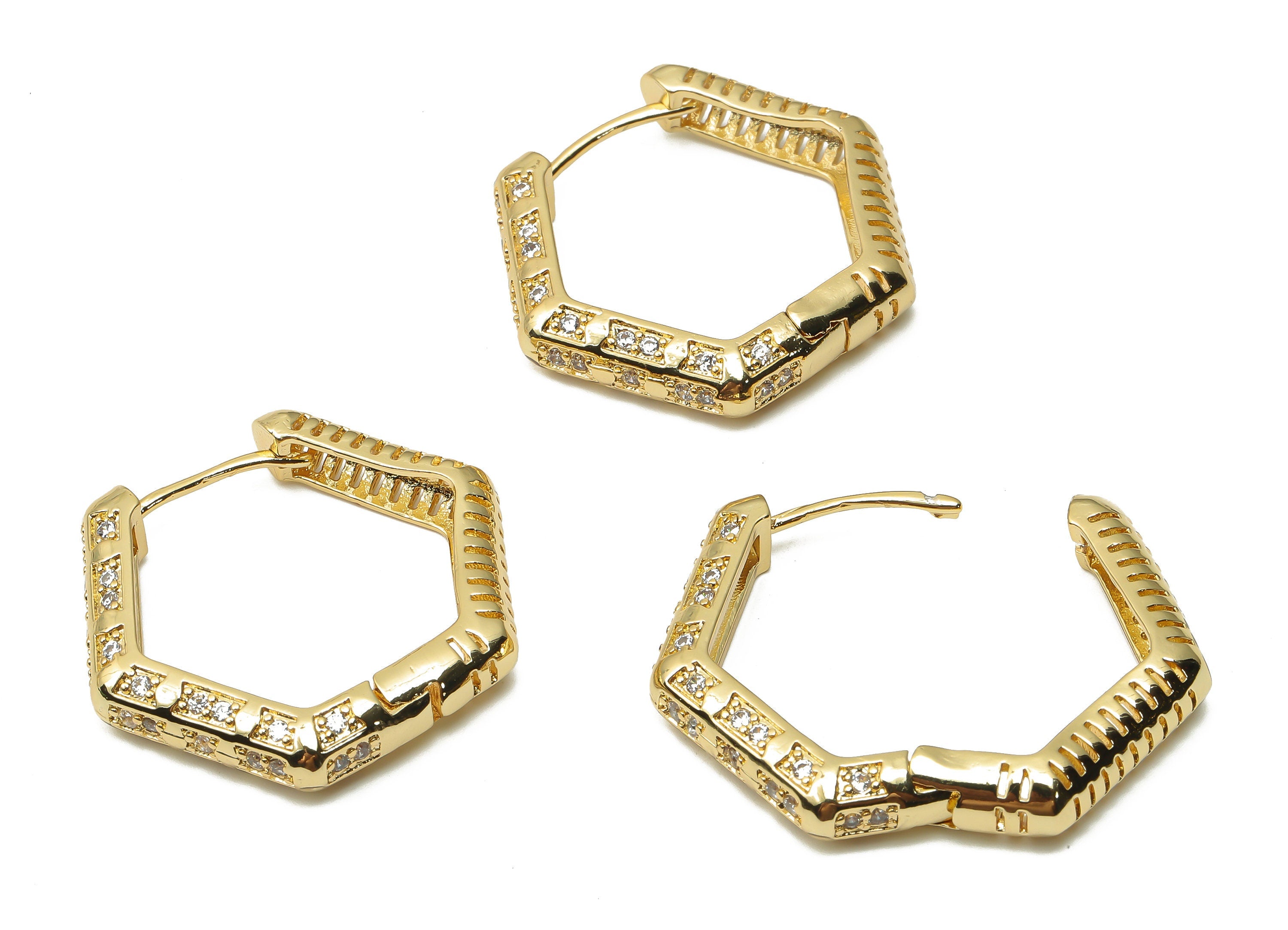 Brass Textured Hexagon Hoop Earrings - Brass Geometric Huggie Hoops - Hexagon Hoops - 18K Real Gold Plated -31.83x29.11x1.66mm - RGP4978 - DOMEDBAZAAR