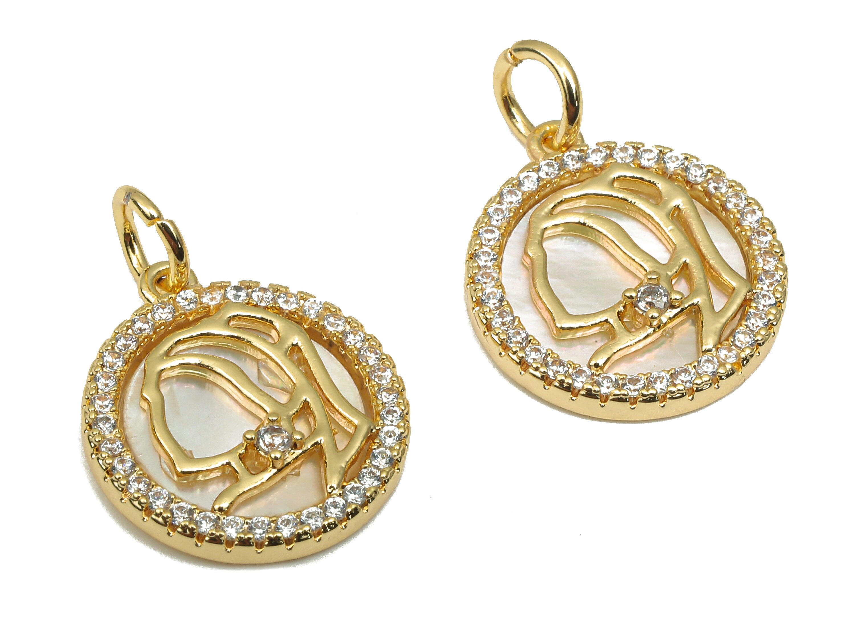 Brass Round Pendant - CZ Paved MOP Shell Circle Charm WIth Zircon - 18K Real Gold Plated Brass - For Necklace - 18.68x13.53x1.94mm - RGP4591 - DOMEDBAZAAR